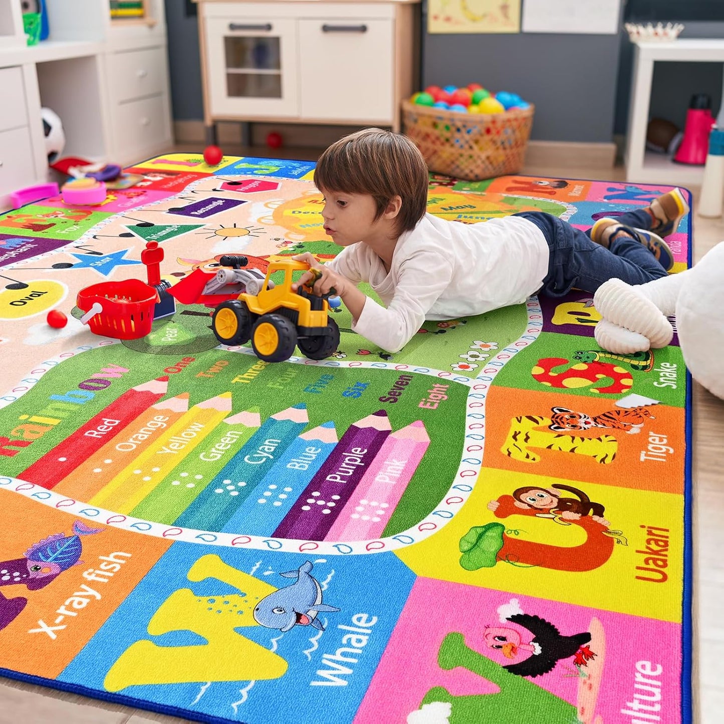 Kids Rugs for Playroom Washable, Educational and Fun Learning Rugs with ABC Alphabet Animals Shapes, Baby Toddler Children's Play Mat for Bedroom Classroom Nursery, 3x5 Feet