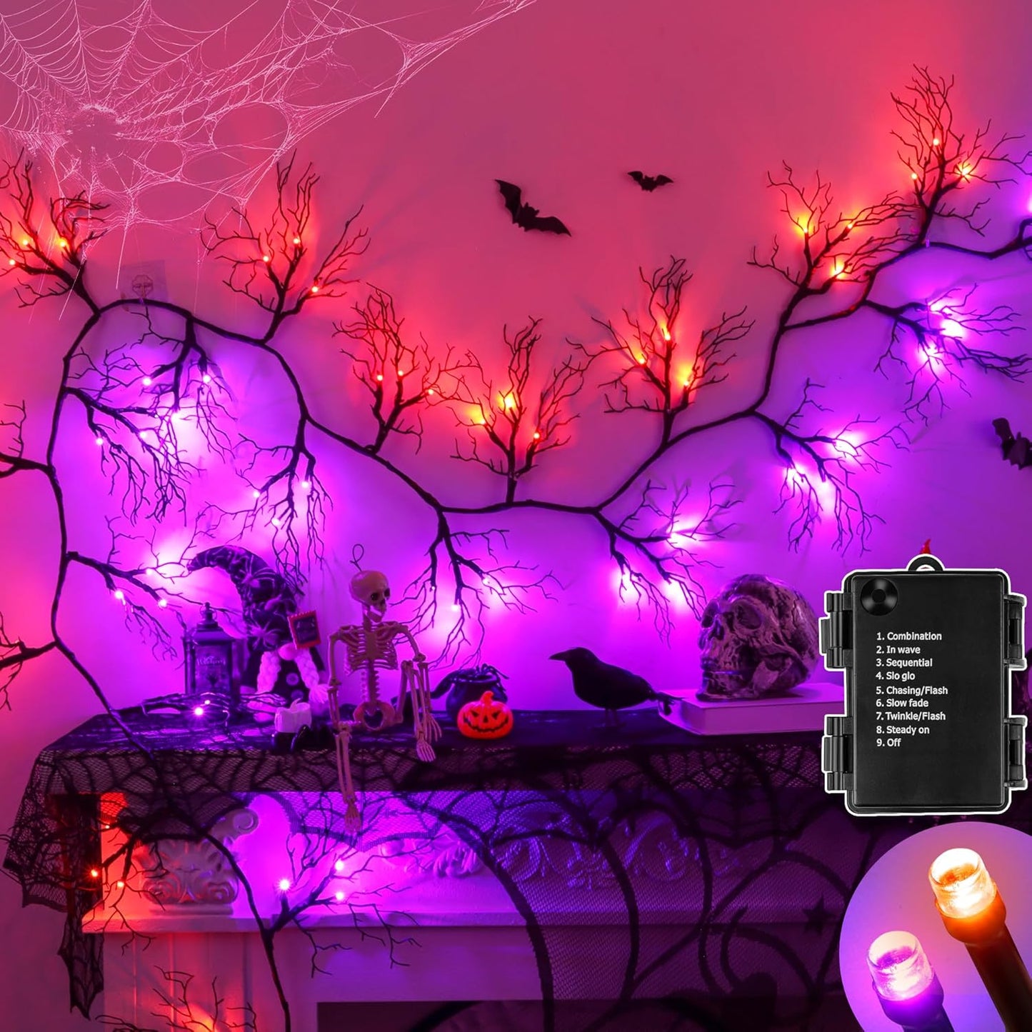 9 FT 66 LED Willow Vine Twig Decor Black Halloween Garland with Orange Purple Lights, Timer 8 Modes Waterproof Battery Operated Indoor Halloween Decorations for Wall Fireplace Mantle Home Office Decor
