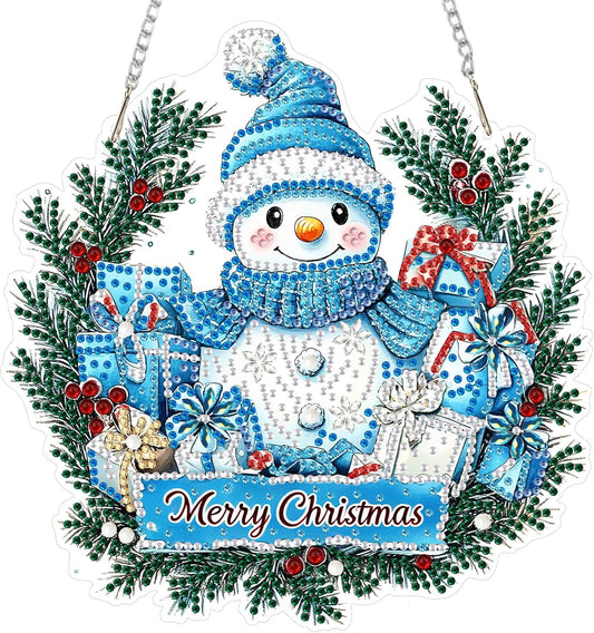 MEIYUDA Christmas Hanging Diamond Art Kits for Adult, Snowman Wreath Diamond Painting Hanging Kits Ornaments, DIY Special Shaped Rhinestone Window Pendants kit for Home Garden Wall Decor Gift