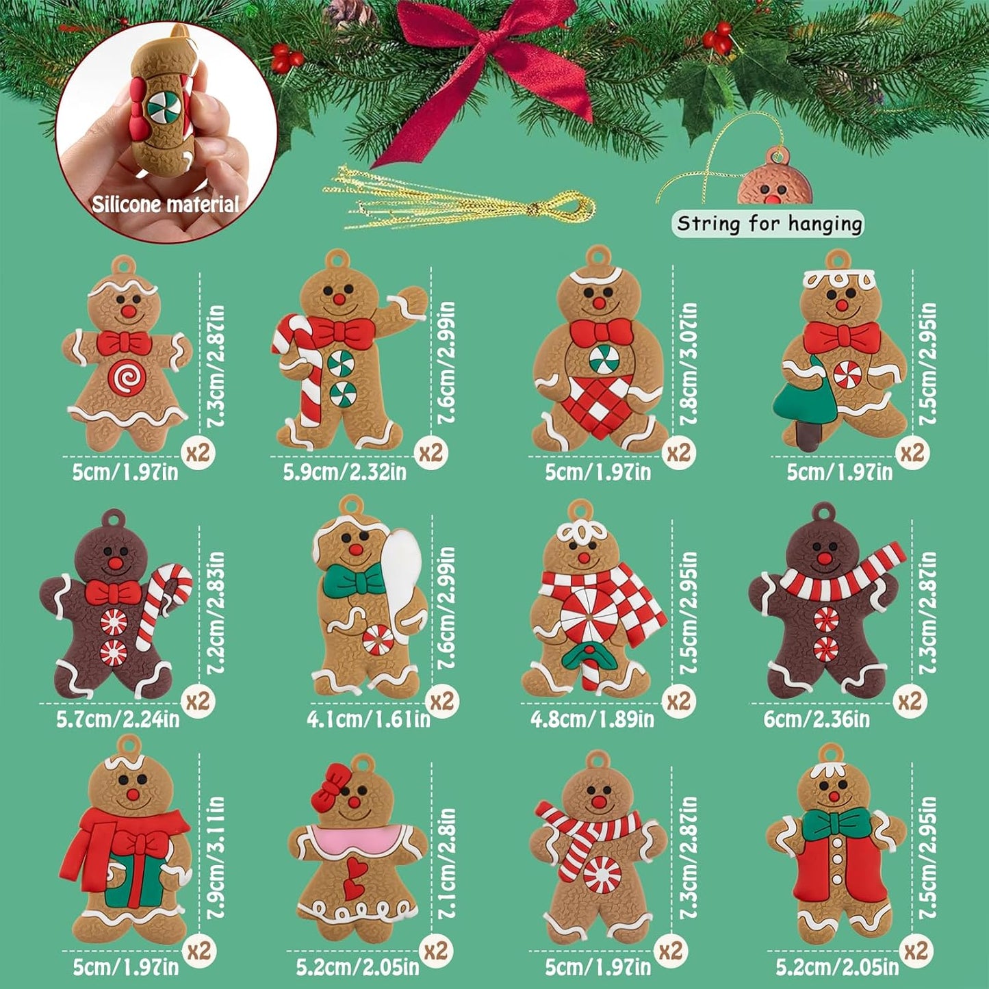 24pcs Gingerbread Man Ornaments for Christmas Tree, Assorted Gingerbread Figurines Ornaments, Christmas Tree Hanging Decorations, 3 Inch Tall