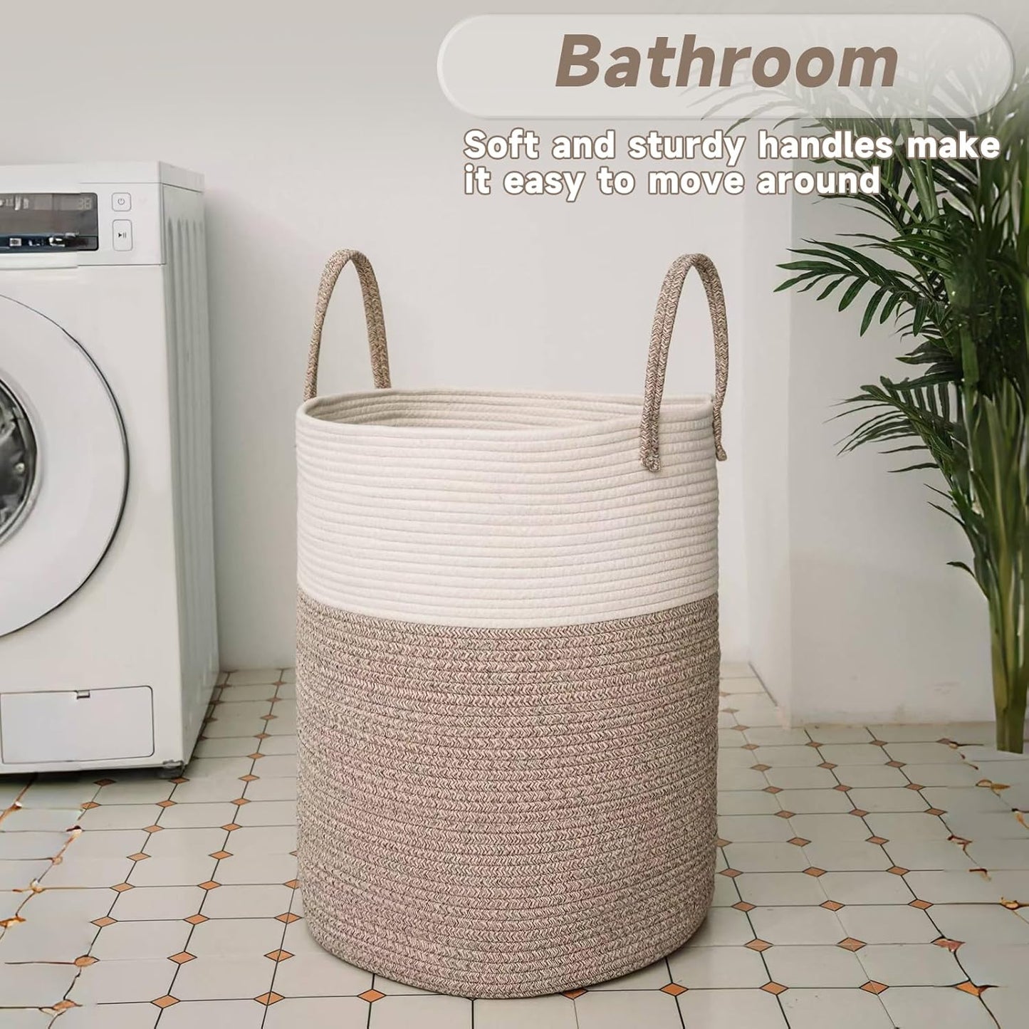 Large Woven Laundry Basket Hamper,80L Cotton Rope Storage Bin for Blankets,Toys and Clothes,Decorative Tall Nursery Hamper for Living Room,Baby Nursery,Bathroom and Bedroom,Brown