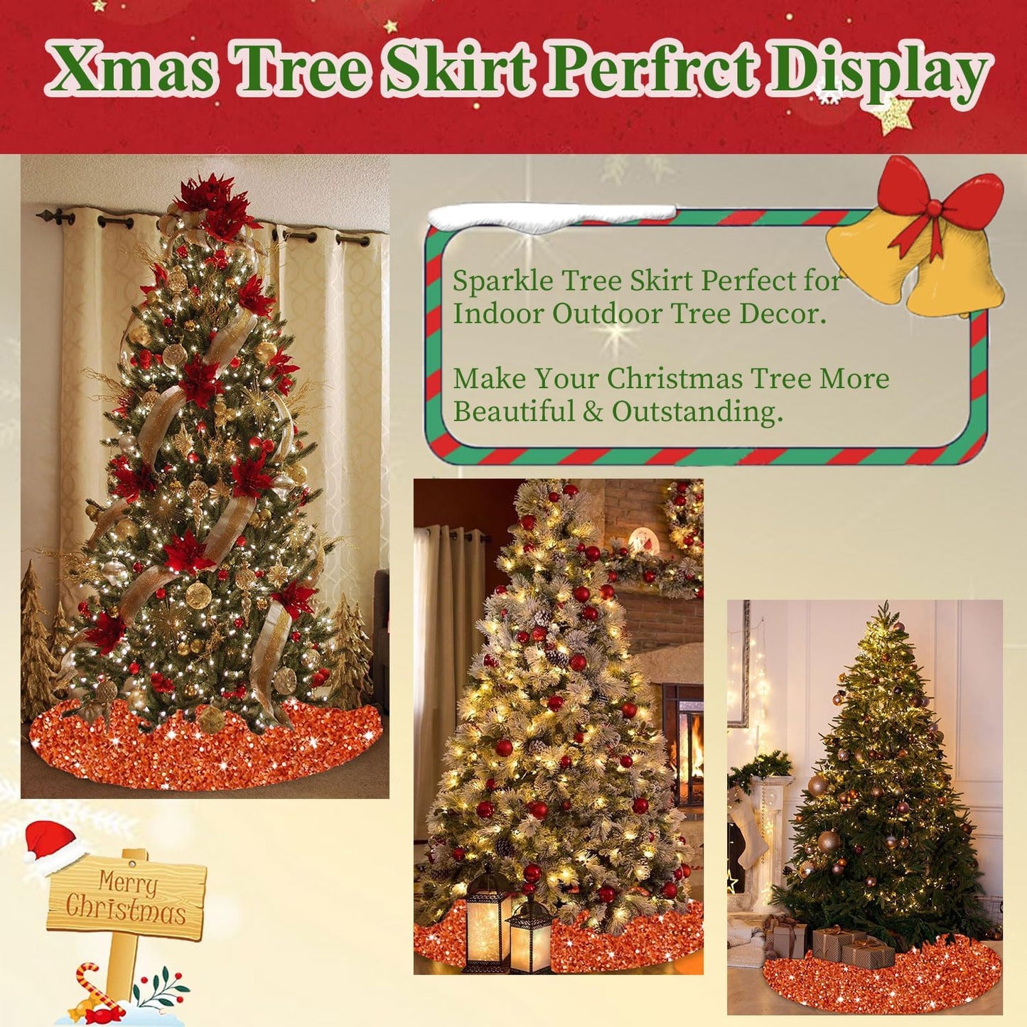 MODFUNS 46 Inch Christmas Tree Skirt Sequins Burnt Orange Xmas Tree Skirt Soft Velvet Christmas Tree Skirts Christmas Tree Ornaments for Halloween Round Fabric Tree Cover Skirt Sequin Metal Tree Base