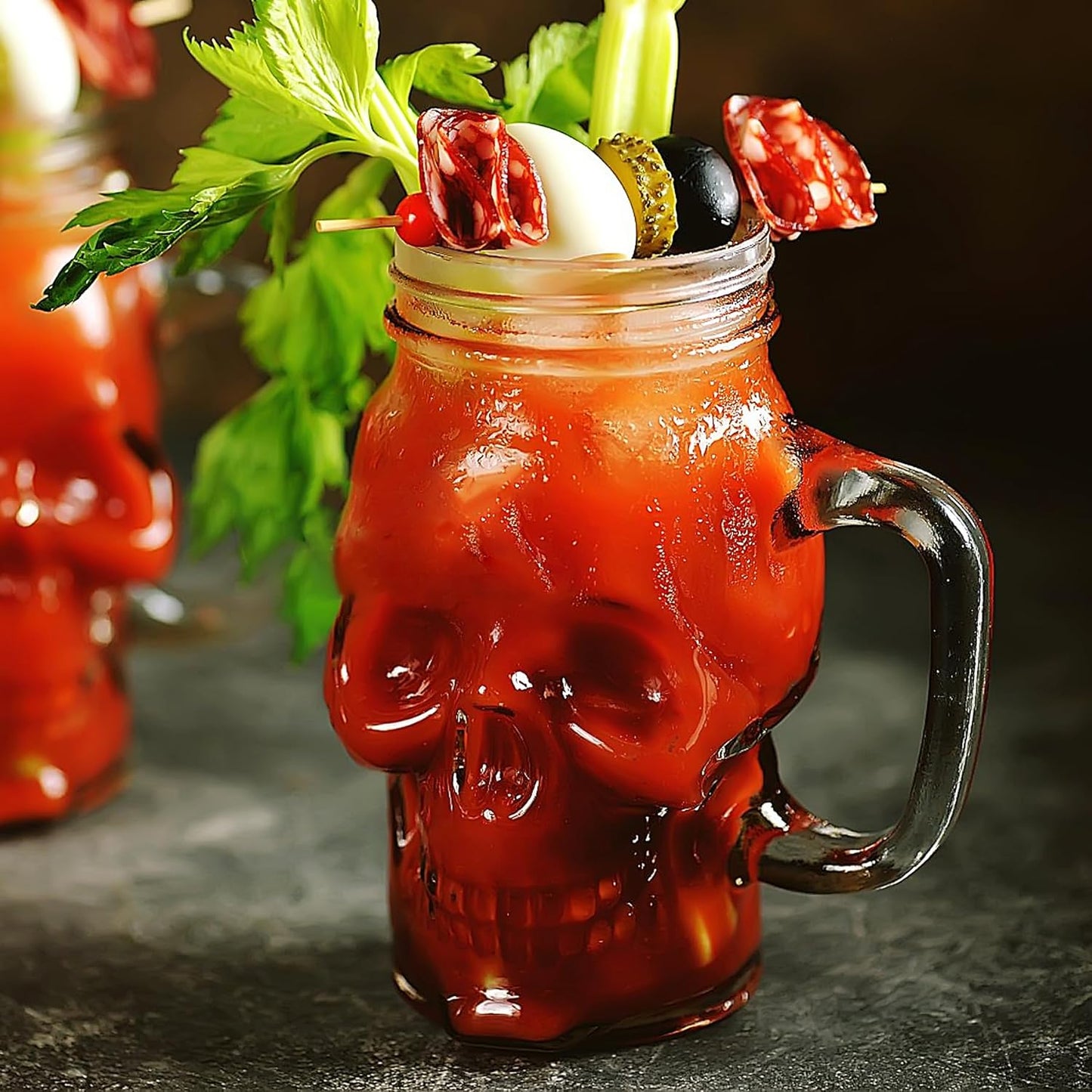 Halloween Cups Set of 4 - Skull Mason Jar with Lids Straws and Handle - Skull Drinking Glasses for Halloween Party Bar Decor (16 oz, Clear)