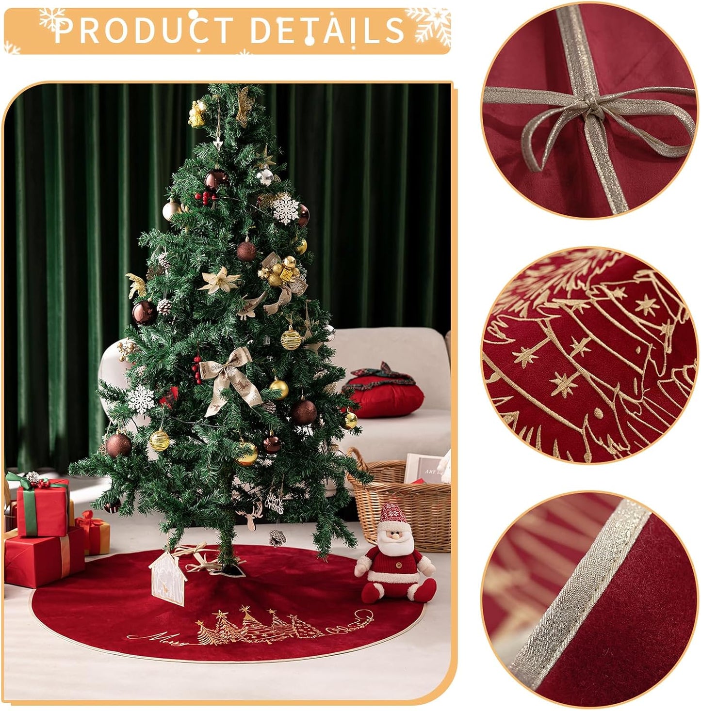 CROWNED BEAUTY Christmas Tree Skirt Red Velvet Collar 50 Inch Embroidered Gold Pine Trees Soft Plush Fur Holiday Decoration (Red) TS36-50