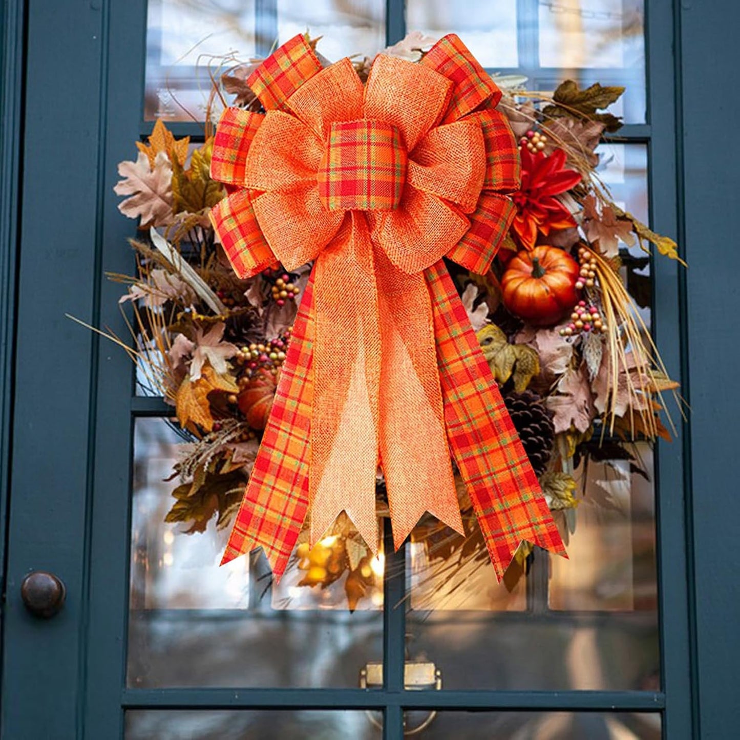 Iceyyyy 3Pcs Large Fall Thanksgiving Wreath Gift Bow -18.8x10.6inch Orange Buffalo Plaid Check Wreath Swag Bow Wreath Pre-Tied Bow for Fall, Thanksgiving, Christmas, Home Indoor Outdoor Ornaments