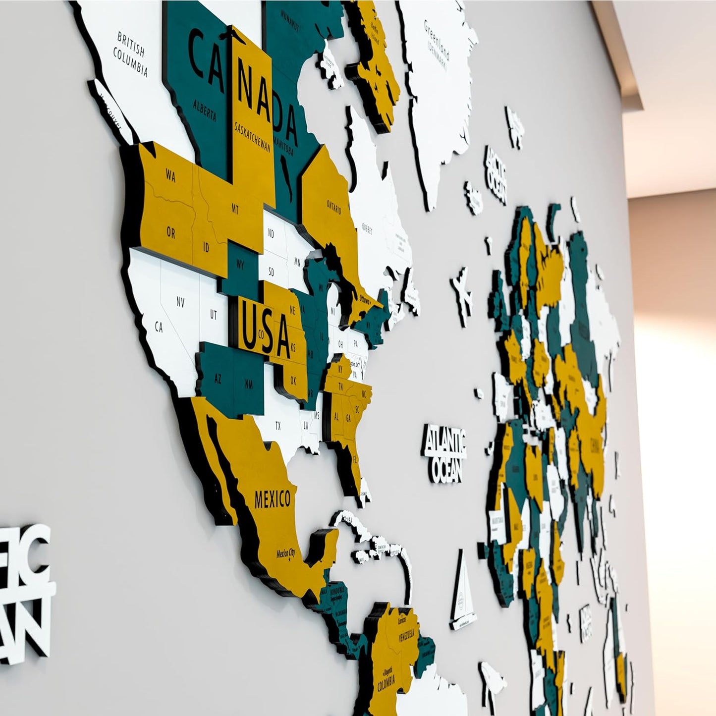 Colorfull Worlds 3D Wooden World Map Wall Art | Unique Wall Decor with Pins for Travel Enthusiasts | Home and Office Wall Décor | Gold-Blue | Medium