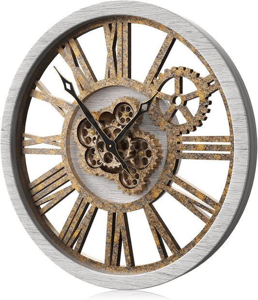 The B-Style Large Wall Clock 24 inch Moving Gear Wall Clock Oversized Vintage Farmhouse Wall Clocks for Living Room Decor Rustic Industrial Wood Clock (Silver Gray, 18 inch/46cm)