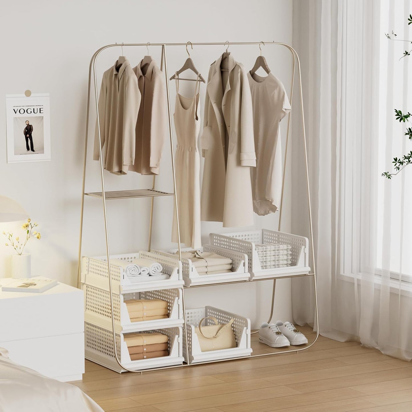 5 Pack Stackable Plastic Storage Basket Closet Organizer Bin Foldable Clothes Organizer Storage Drawer Shelf Container for Living room Bathroom Kitchen Office (3L+2S)