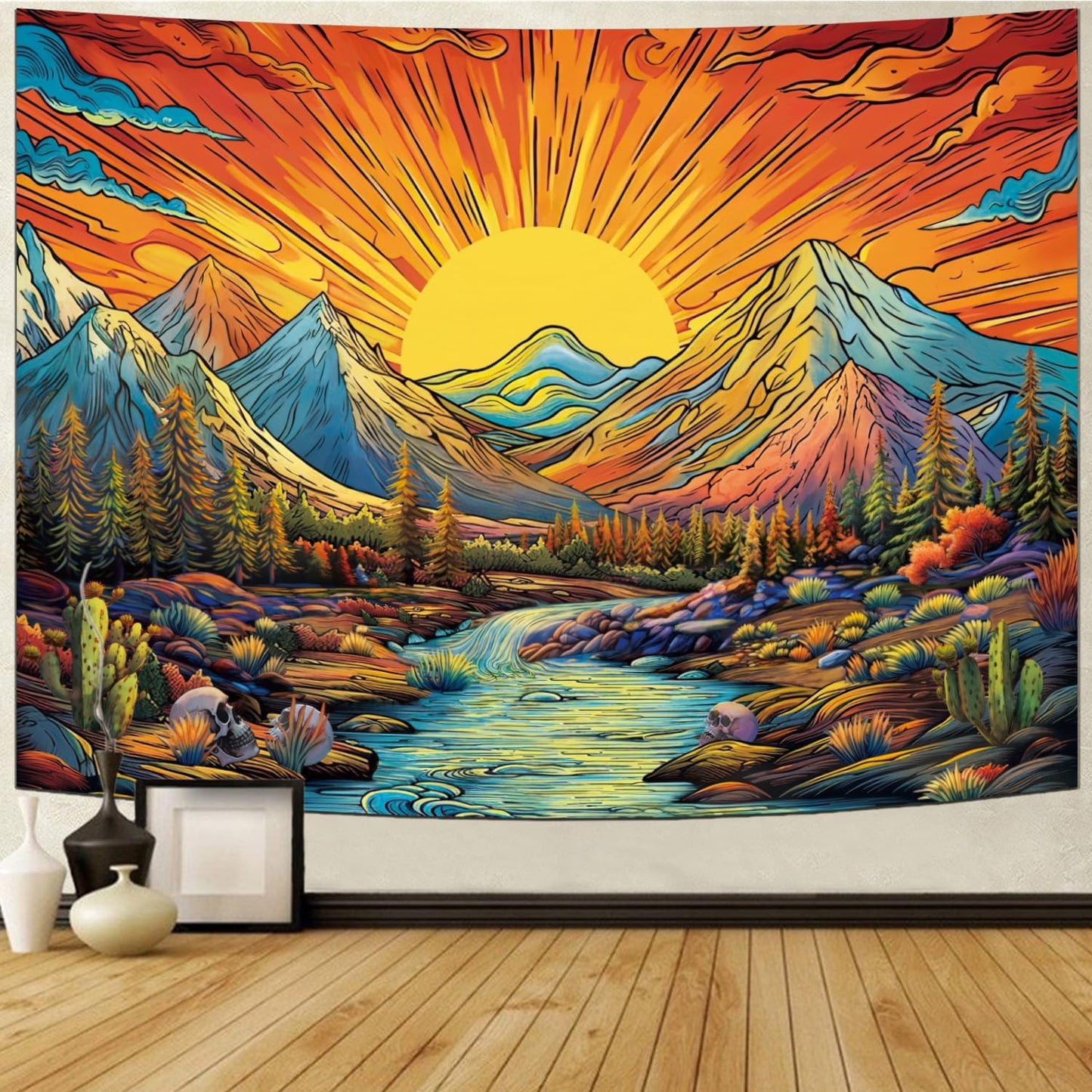 Serborlur Boho Sun Mountain Tapestry Trippy Forest Tree Tapestry Vintage Aesthetic Magic River Tapestries Nature Landscape Wall Hanging for Bedroom Home Decor (51.2"×59.1")