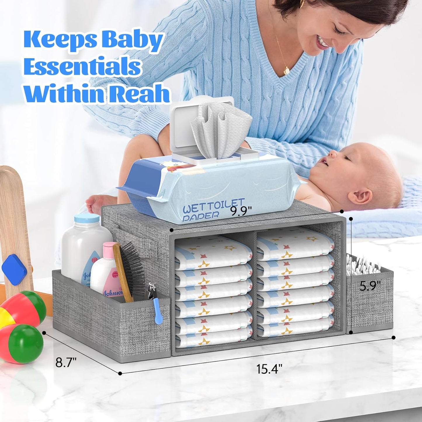 2In1 Baby Diaper Caddy & 3-Tier Rolling Diaper Cart, Caddy Organizer Cart with Dividers, Mobile Metal Bedside Carts for Baby Essentials, Rolling Carts for Newborn Nursery with Wheels, Large Capacity