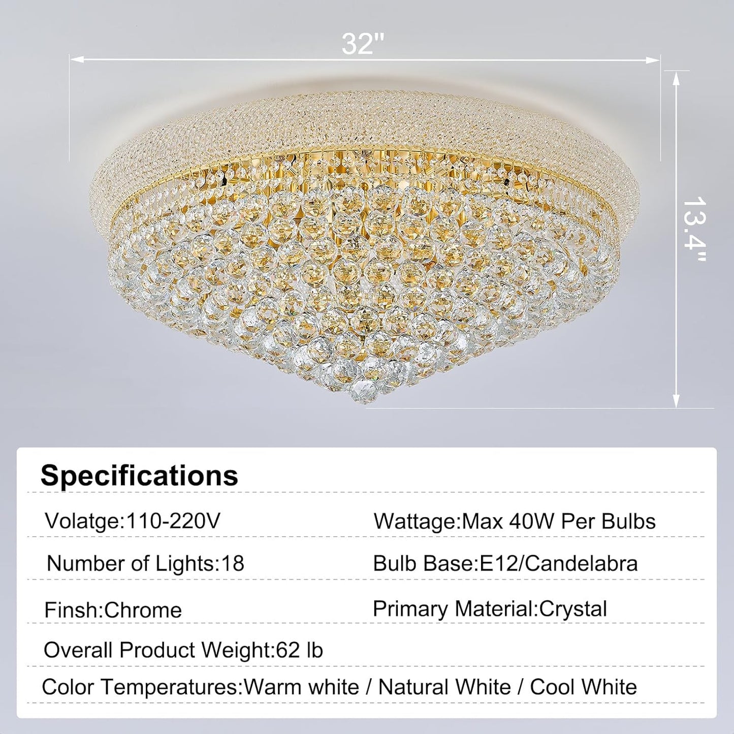 18-Light 32 inch Large Crystal Chandelier Flush Mount Ceiling Light Fixture for Living Room Dining Room Bedroom Foyer Entryway Gold Finish