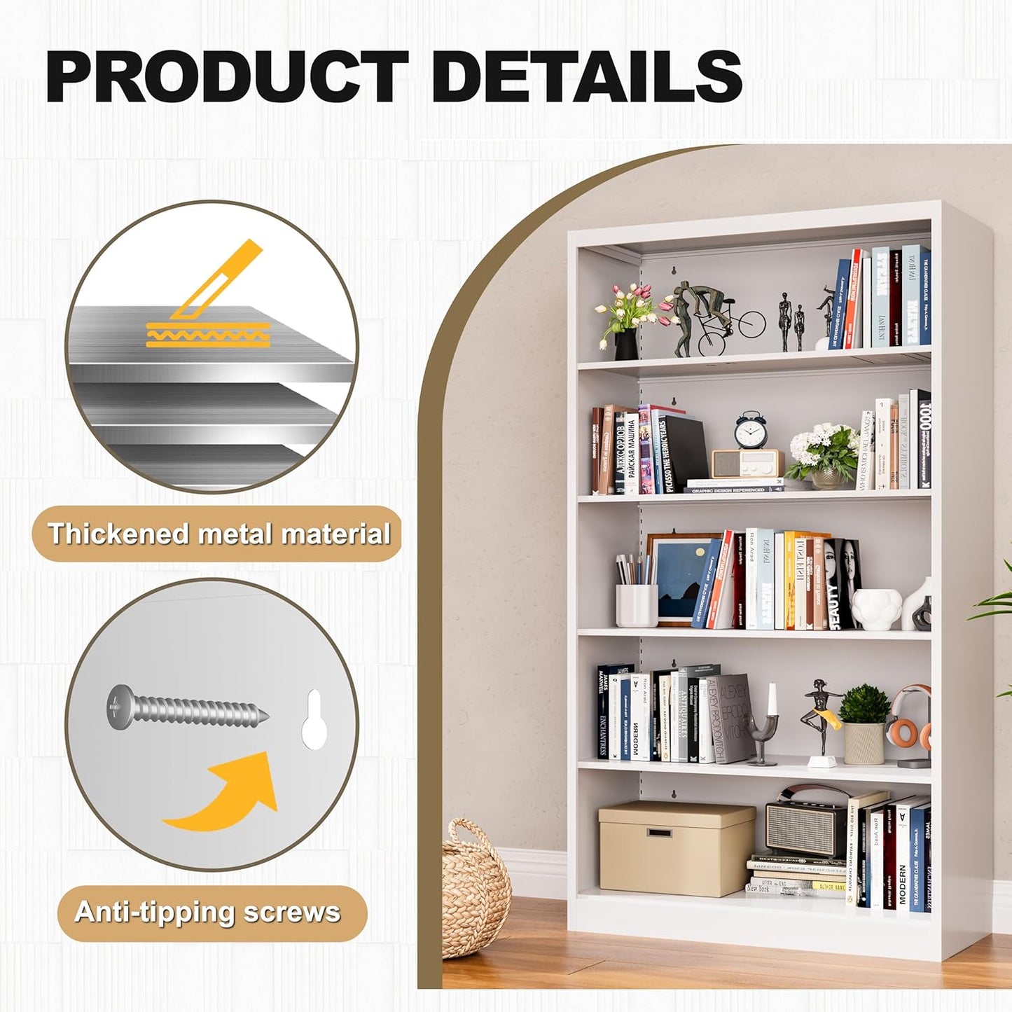 White Bookshelf, 55” Adjustable Tall Metal Bookshelf, 5-Tier Wide Bookshelf with Anti-Tilt Device, Modern Book Cases and Book Shelves for Bedroom, Living Room, Playroom, Study