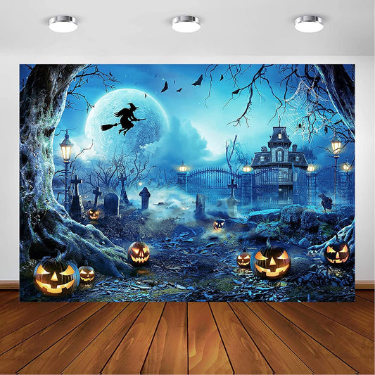 Avezano Halloween Photography Backdrop Full Moon Scary Night Castle Pumpkins Party Background Spooky Witch Bats Cemetery Child Kids Halloween Party Decorations Photoshoot Backdrops (10x7ft, Blue)