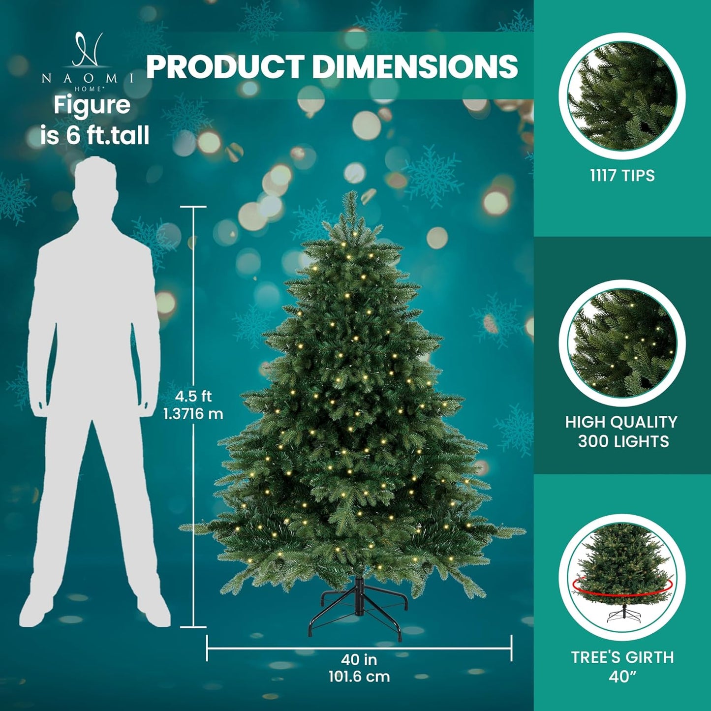 Cynthia 4.5ft Prelit Aritificial Christmas Tree with 1117 Branch Tips, 300 Warm Lights and Metal Stand, 40" Wide Realistic Rustic Christmas Tree with Lights by Naomi Home