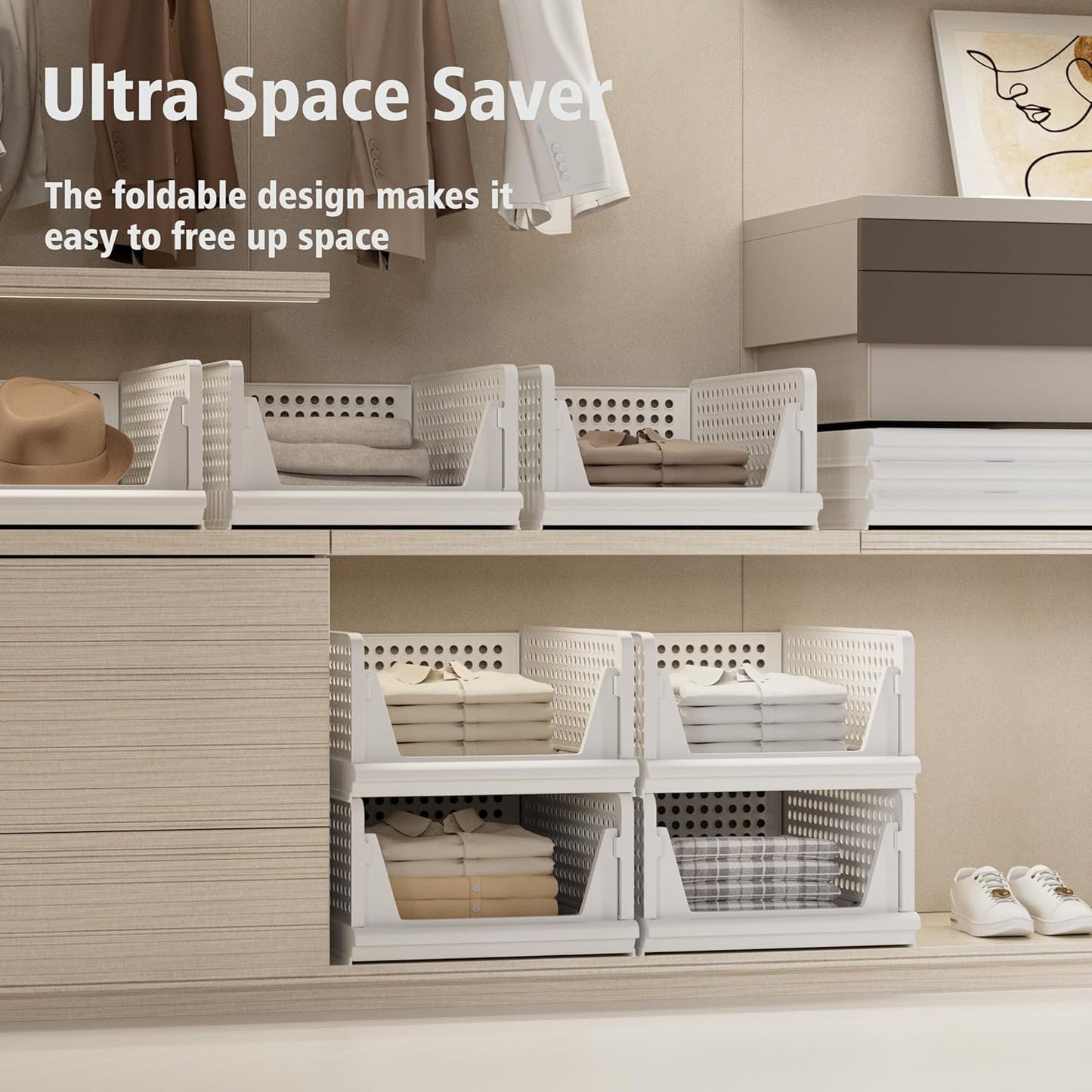 5 Pack Stackable Plastic Storage Basket Closet Organizer Bin Foldable Clothes Organizer Storage Drawer Shelf Container for Living room Bathroom Kitchen Office (4L+1S)