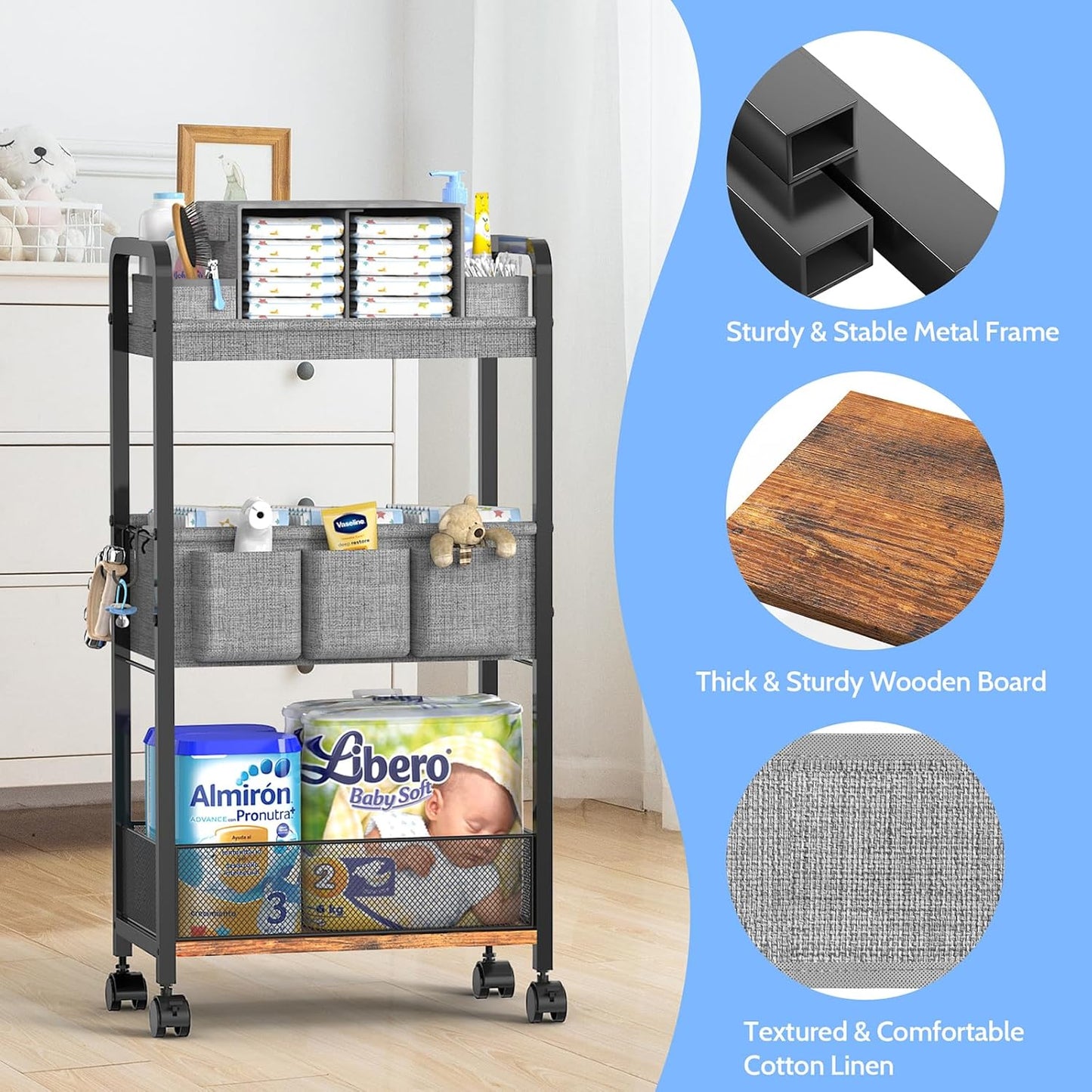 2In1 Baby Diaper Caddy & 3-Tier Rolling Diaper Cart, Caddy Organizer Cart with Dividers, Mobile Metal Bedside Carts for Baby Essentials, Rolling Carts for Newborn Nursery with Wheels, Large Capacity