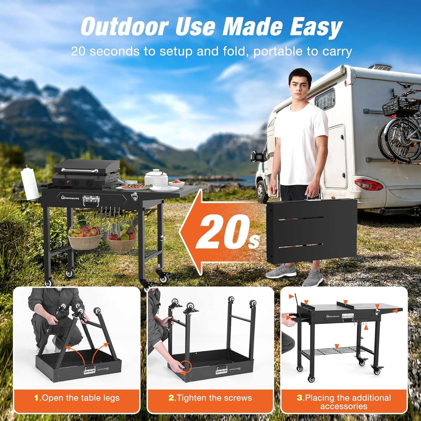 Grill Table for Outside, Portable Folding Grill Cart with Wheels and Adjustable Tabletop, 400 Lbs Weight Capacity, Movable Griddle Stand Fit 17'' or 22'' for Camping, BBQ, Cooking