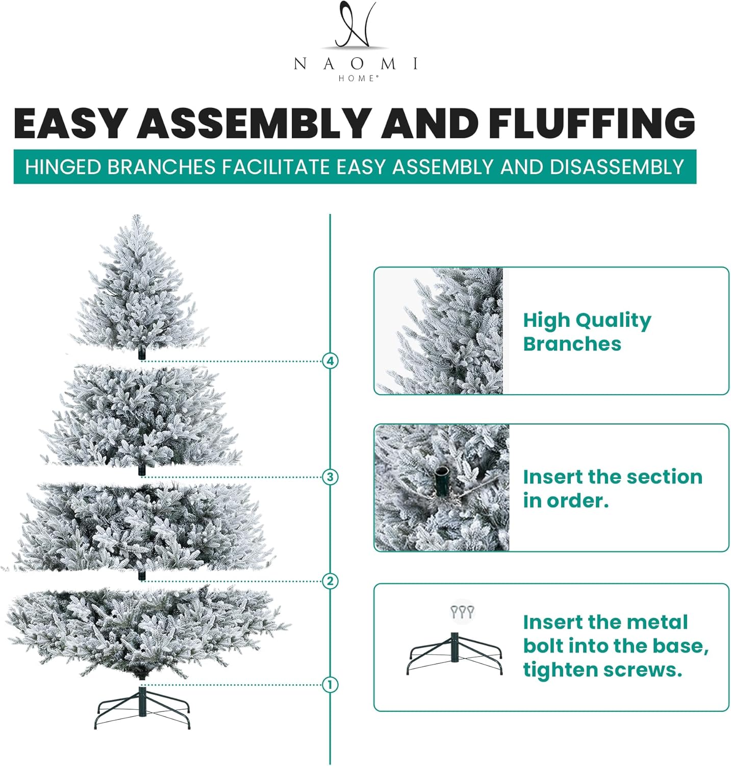 Naomi Home Ginebra 7.5ft Snow Flocked Christmas Tree Prelit with 3266 Branch Tips, 650 Warm Lights and Metal Stand, 59" Wide Realistic Snowy Frosted Christmas Tree with Lights