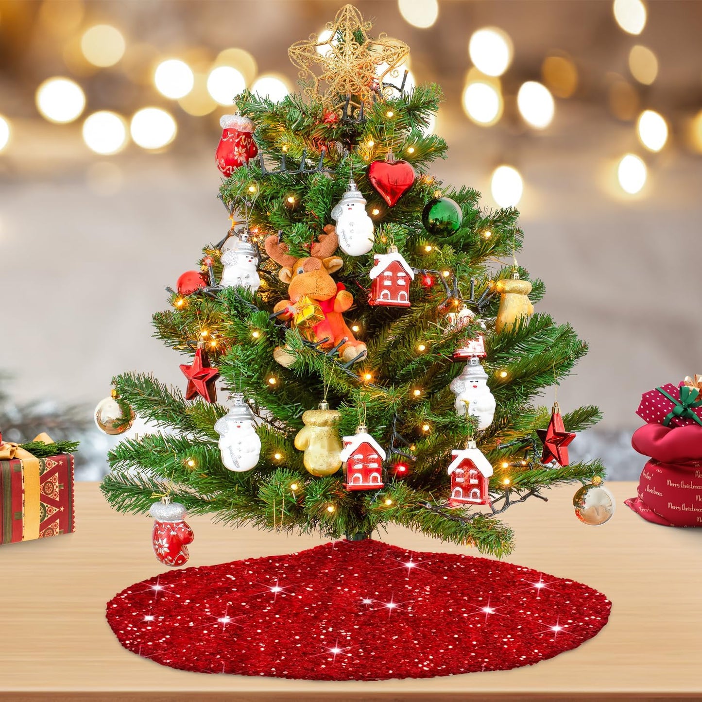 MODFUNS Red Christmas Tree Skirt Mini Glitter Tree Skirts 21 Inch Sequin Xmas Tree Skirt Thick Velvet Tree Mat Small Sparkly Tree Skirts Bling Christmas Tree Skirting Collar for Winter Holiday Decor