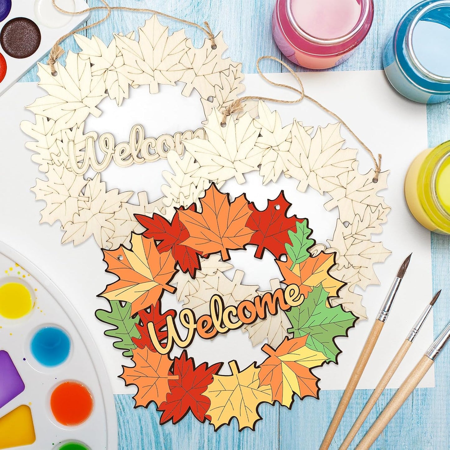 Unfinished Fall Wreaths Wood Crafts to Paint Set of 3, 11" Bulk Fall Leaves Wreath Ornaments for Painting, Unfinished Wood Cutouts DIY Ornaments for Front Door with Ropes (Maple)
