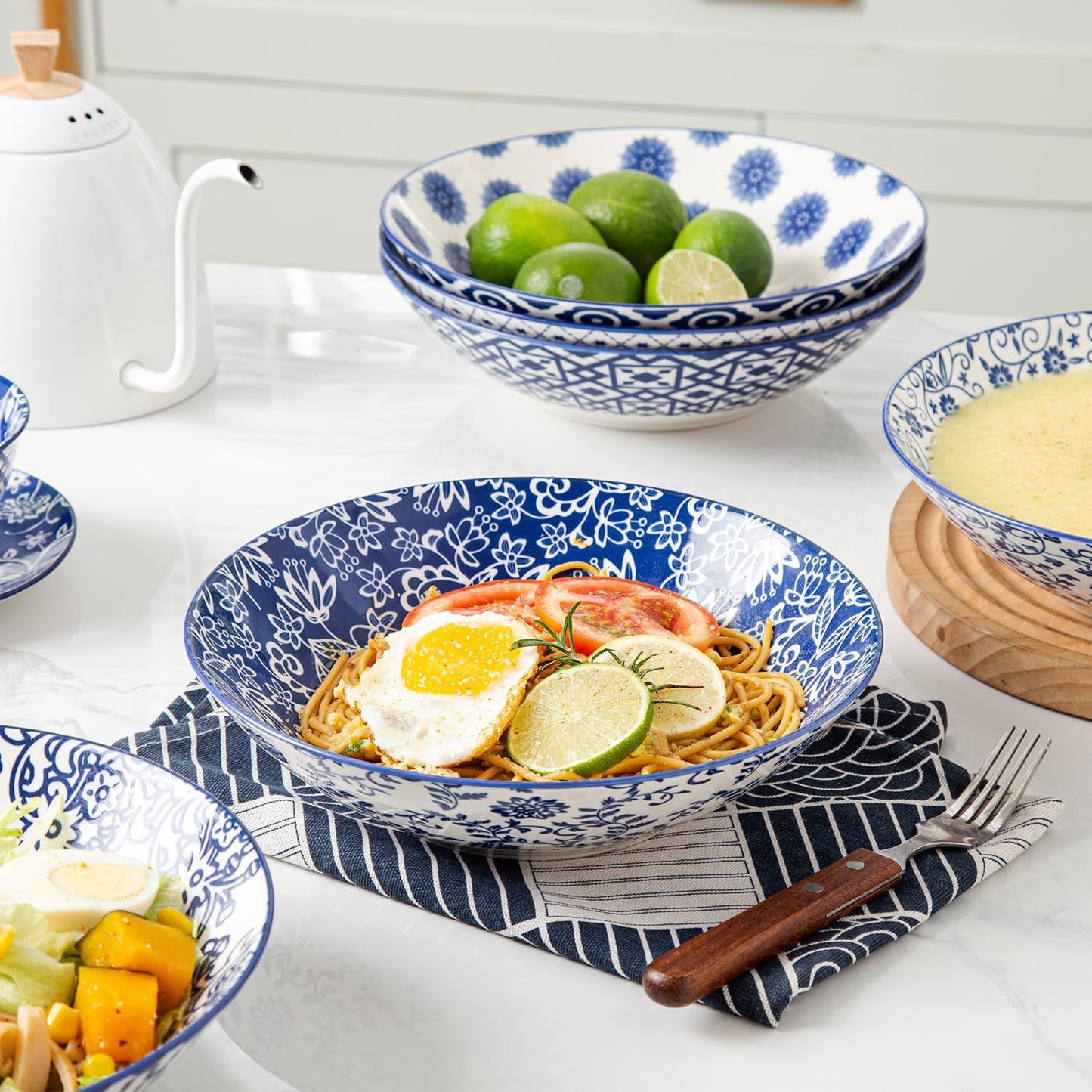 Ceramic Pasta Bowls Set - 40 Oz Porcelain Large Salad Bowls Serving - 9 Inch Wide Shallow Plate Bowls for Eating - Housewarming Wedding Gift - Oven Dishwasher Safe - Set of 6 - Vintage Blue