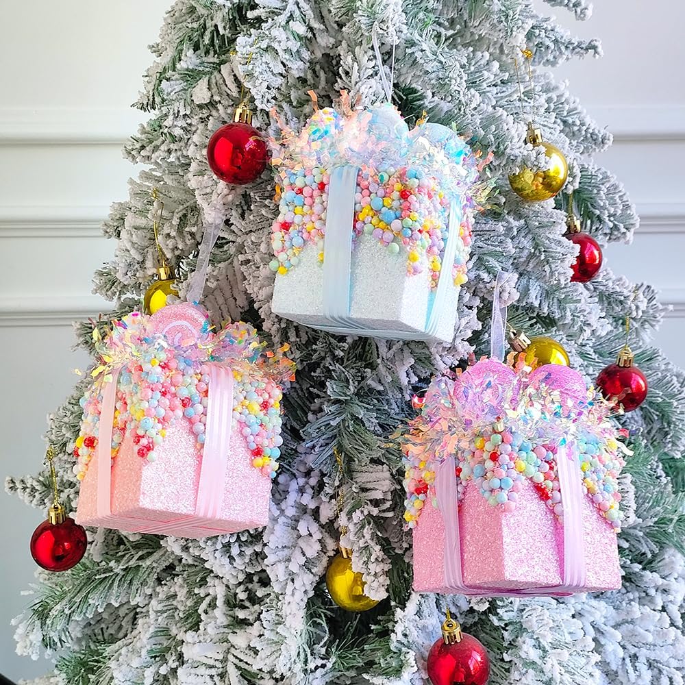 Christmas Tree Gift Box Ornament Set,3 Pieces Macaron Color Candy Gift Hanging Ornaments for Christmas, New Year, Easter, Birthday (Pink Purple Blue)