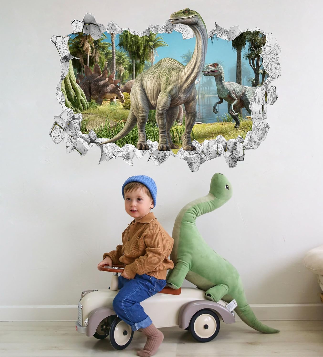 Large 3D Dinosaur Wall Stickers (31.7”x 22.5”), Dino Broken Hole Vinyl Wall Decals, Removable Forest Dinosaur Animal Wall Art for Kids Boys Bedroom Playroom Decor