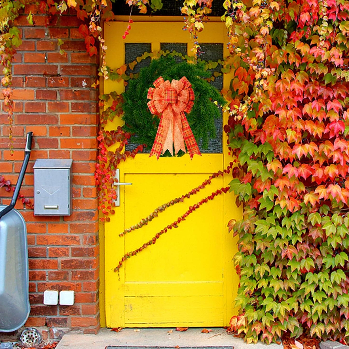 Iceyyyy 4Pcs Large Fall Thanksgiving Wreath Gift Bow -18.8x10.6inch Orange Buffalo Plaid Check Wreath Swag Bow Wreath Pre-Tied Bow for Fall, Thanksgiving, Christmas, Home Indoor Outdoor Ornaments