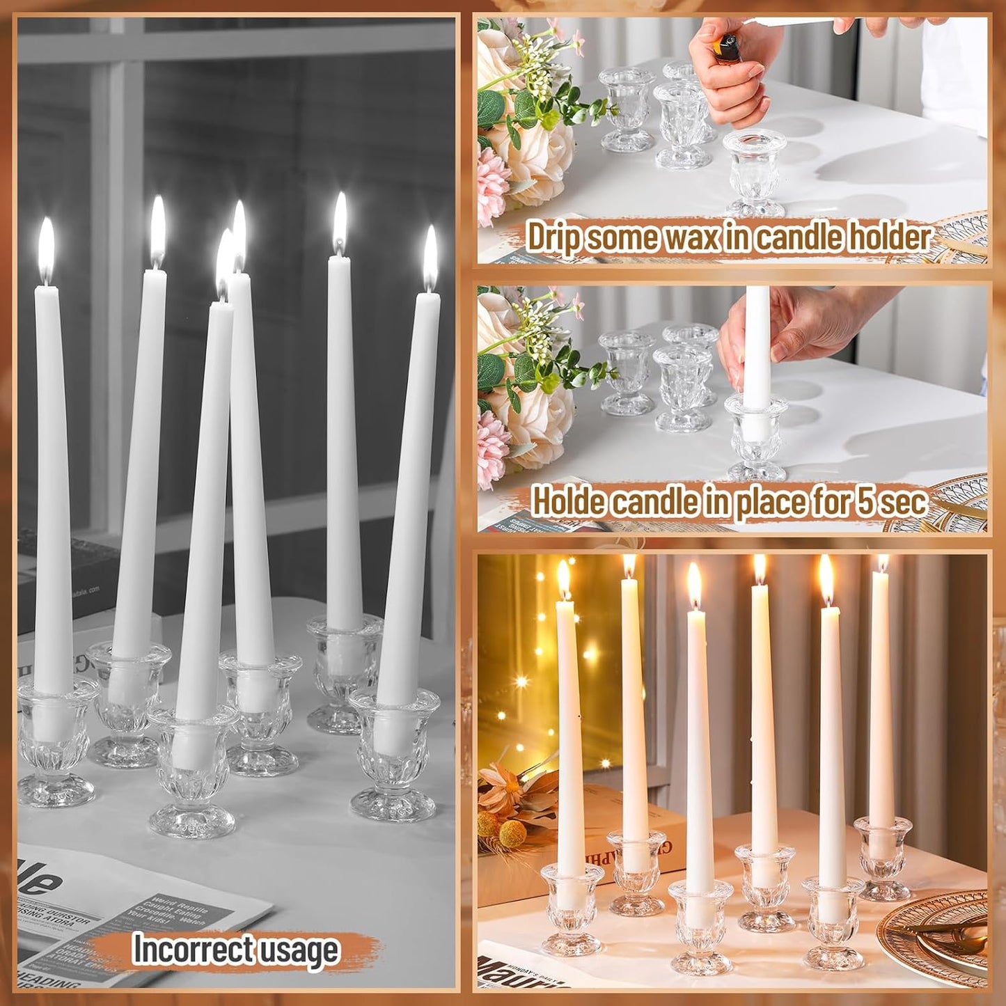 144 Pcs Glass Taper Candle Holders Bulk 2. 5 Inch Clear Candlestick Holder with Long Tapered Candles Candle Sticks Set for Table Centerpiece Wedding Christmas Party Decoration