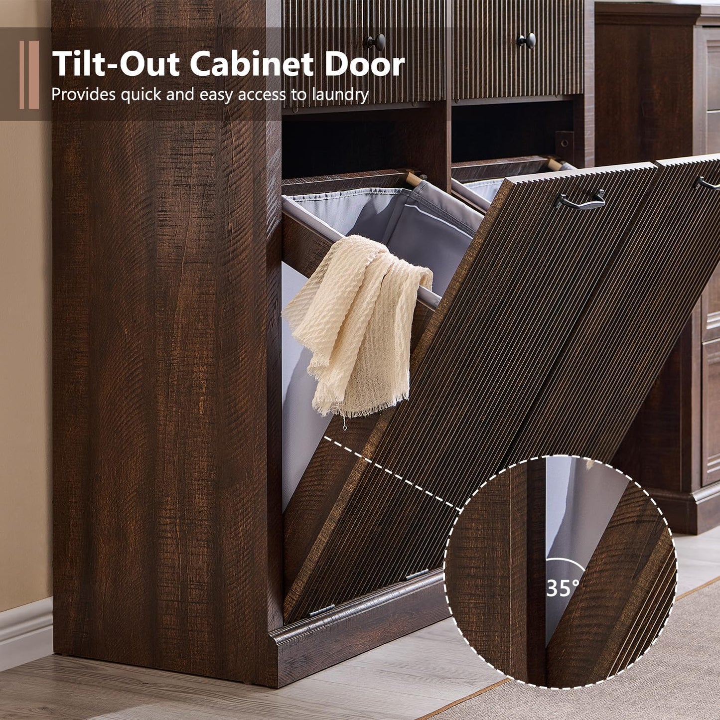 Modern Double Tilt-Out Trash Cabinet, 20 Gallon Fluted Laundry Hamper Cabinet with 2 Drawers, Wooden Hidden Garbage Can Cabinet w/Storage Basket,Free Standing for Kitchen & Living Room, Brown