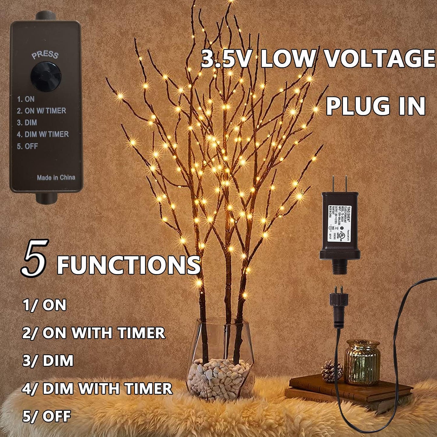 Fudios Lighted Branch Plug in with Timer Willow Branches with Fairy Lights for Vase Twig 32IN 150 LED Outdoor and Indoor Holiday Party Decor