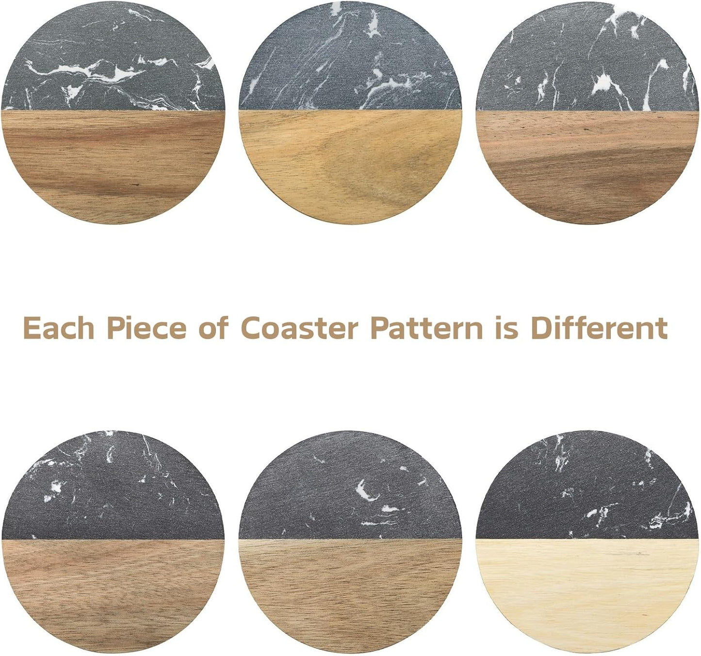 ZENFUN 6 Pc Black Marble Wood Coasters, Round Coaster, Handcrafted Artificial Marble Coasters Set for Your Drinks and Beverages, Tea, Coffee, Wine/Bar Glasses, Tabletop Protection Helper