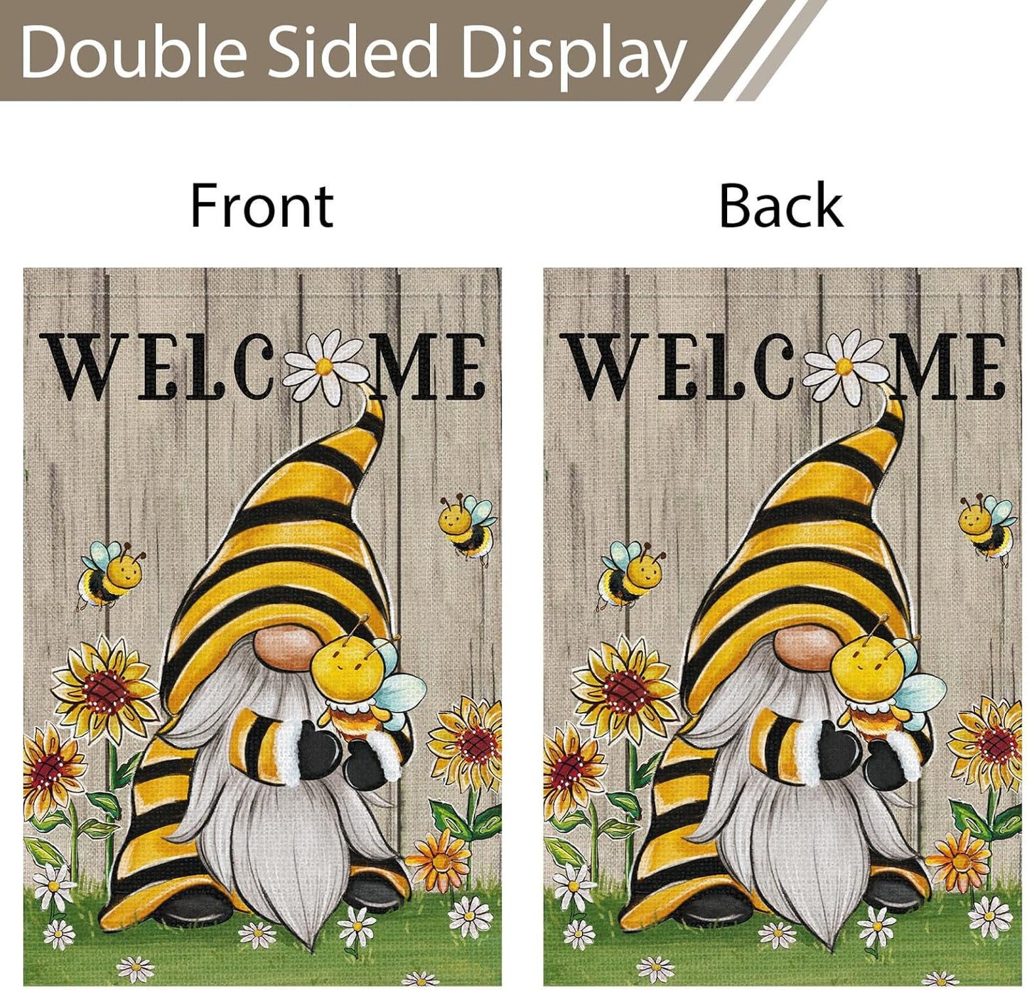 Welcome Summer Gnome Garden Flag Spring Summer Bee Sunflower Yard Flag 12x18 Double Sided Burlap Daisy House Flag for Rustic Seasonal Outside Outdoor House Decoration (ONLY FLAG)