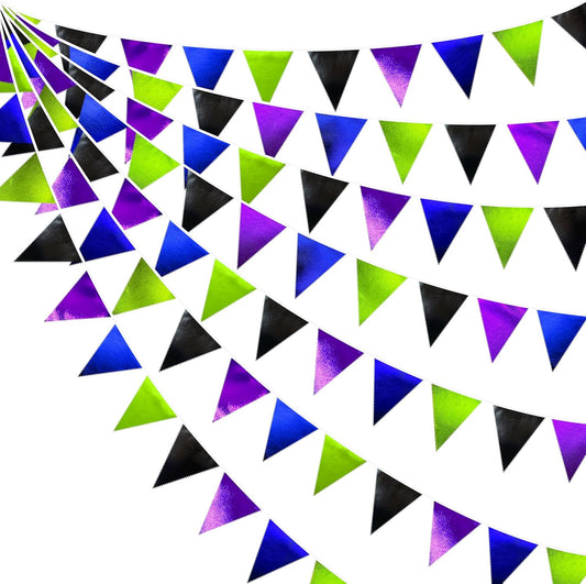 Video Game Party Decorations Black Blue Green Purple Metallic Fabric Triangle Pennant Banner Flag Bunting for Men Boys Birthday Graduations Retirement Wedding Bachelorette Video Game Party Supplies
