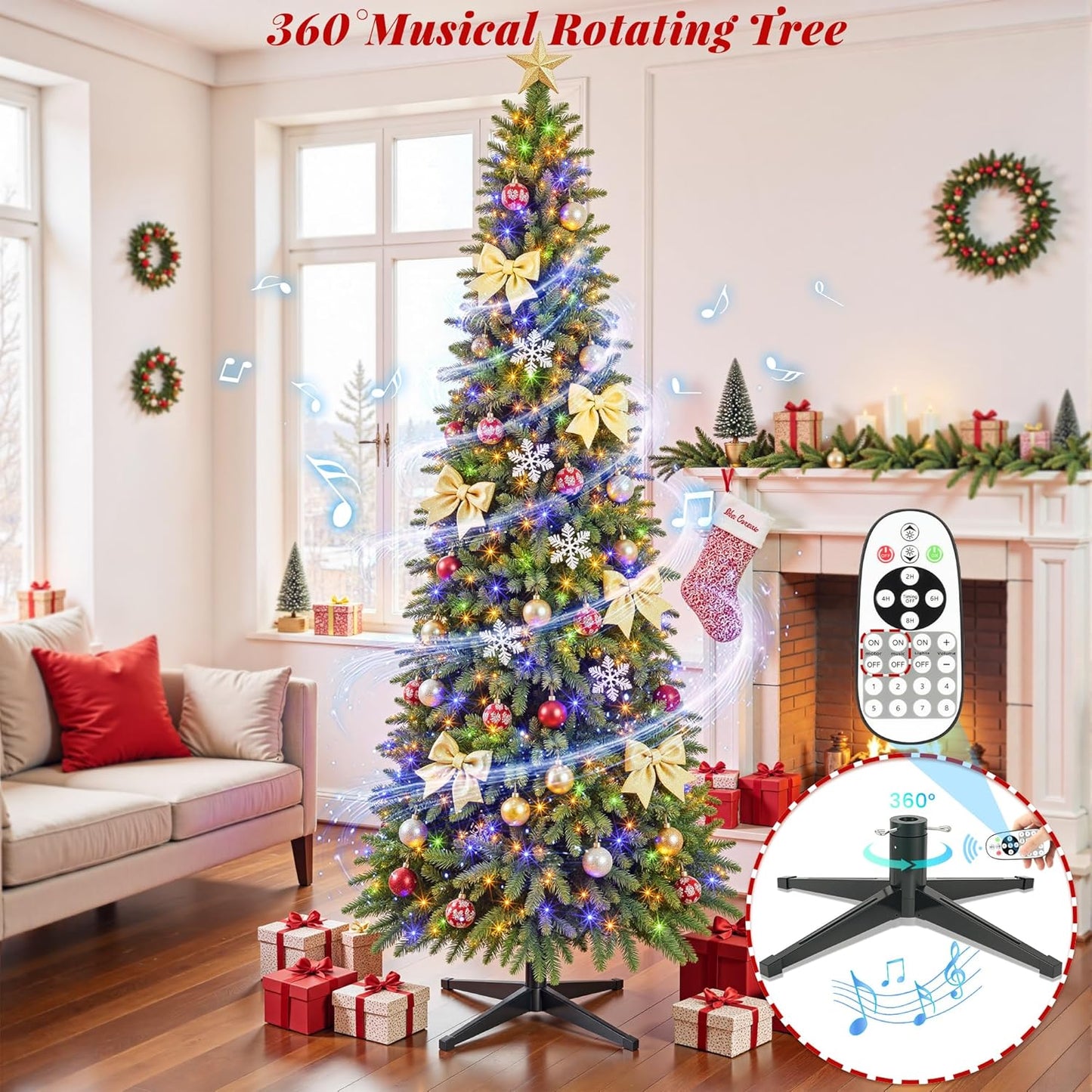 6.5ft Slim Pencil Christmas Tree Pre-lit, Remote Control, Rotating & Foldable Stand, RGB & Warm White Light for Home Decor