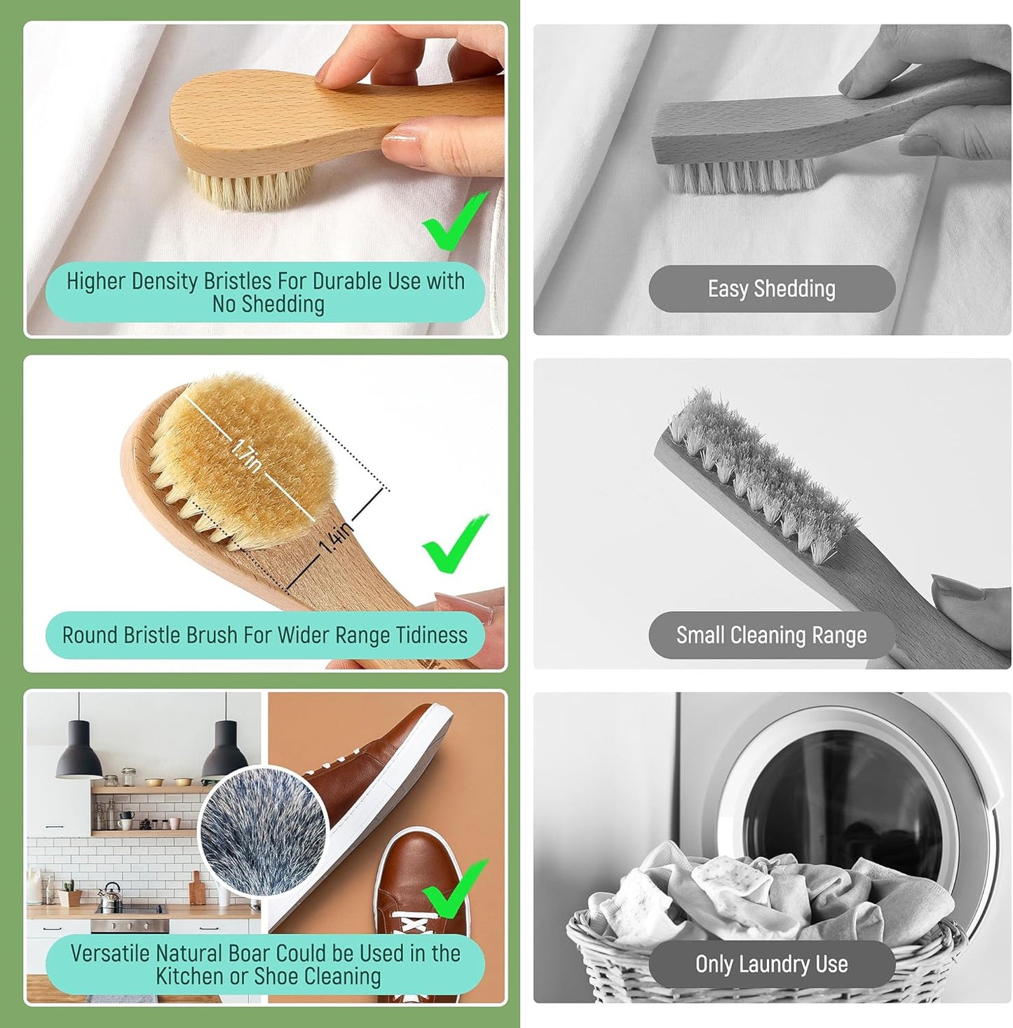 Laundry Stain Brush, Laundry Brush for Stains on Clothes, Dorm Room Essentials for College Students, Natural Boar Bristle Cleaning Brush, Fabrics Cleaning Brush for Clothes Without Damage