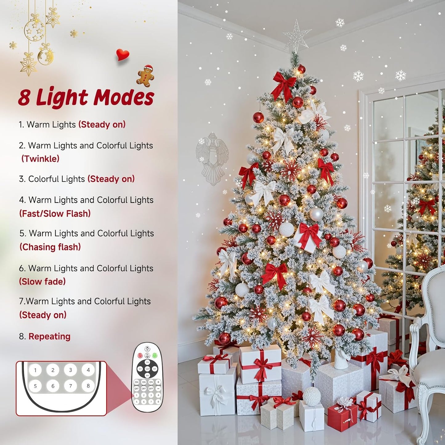 7.5ft 360° Rotating Pre-Lit Snow Flocked Christmas Tree, Built-in Music, Remote Control, 8 Light-Modes, White Christmas Tree for Home Decor