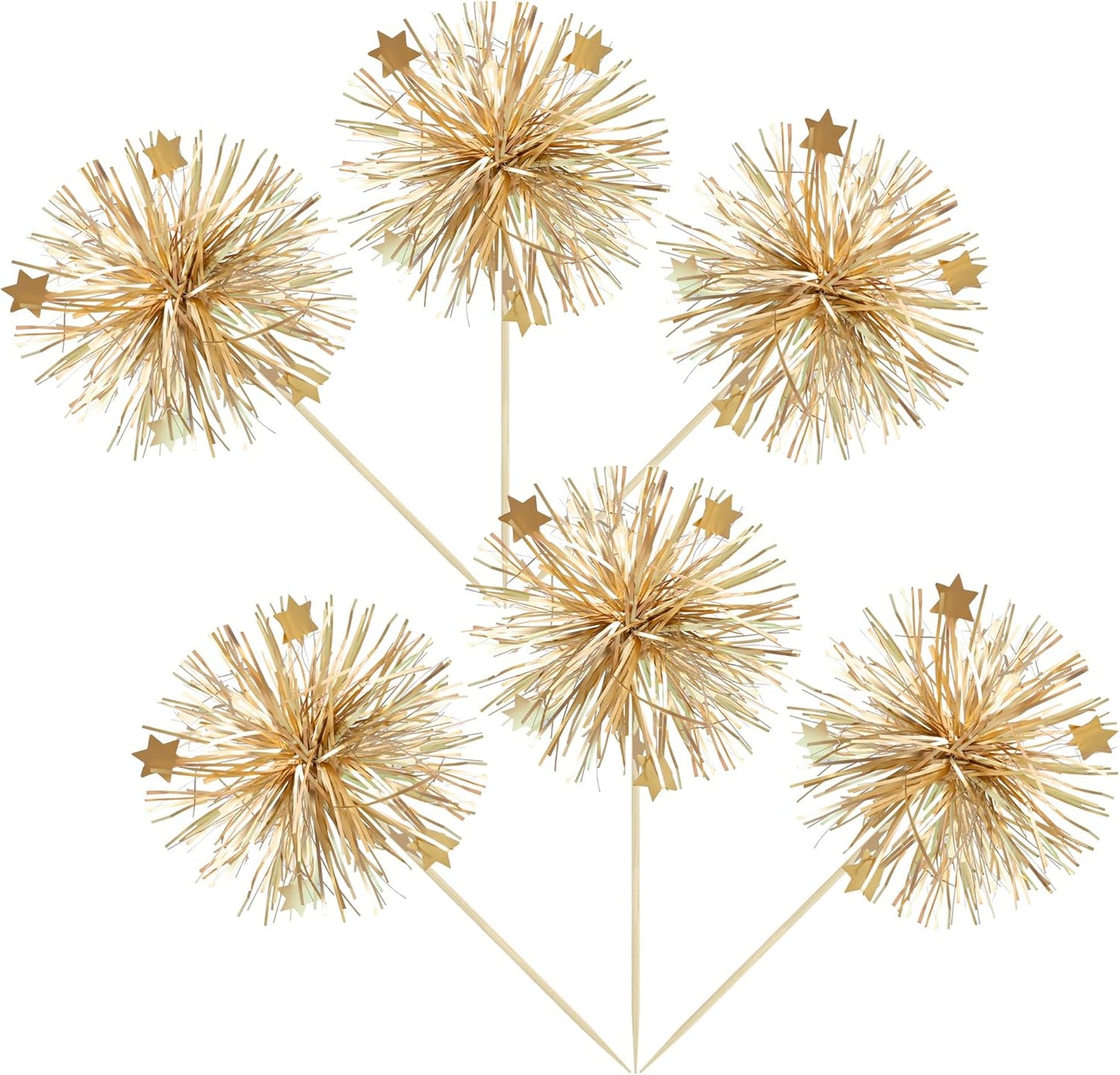 Ephlyn 30Pcs Foil Firework Cupcake Toppers Party Birthday Cake Toppers Supplies Sparkle Tinsel Cocktail Fruit Toothpick for Birthday Wedding Graduation Party Supplies Gold