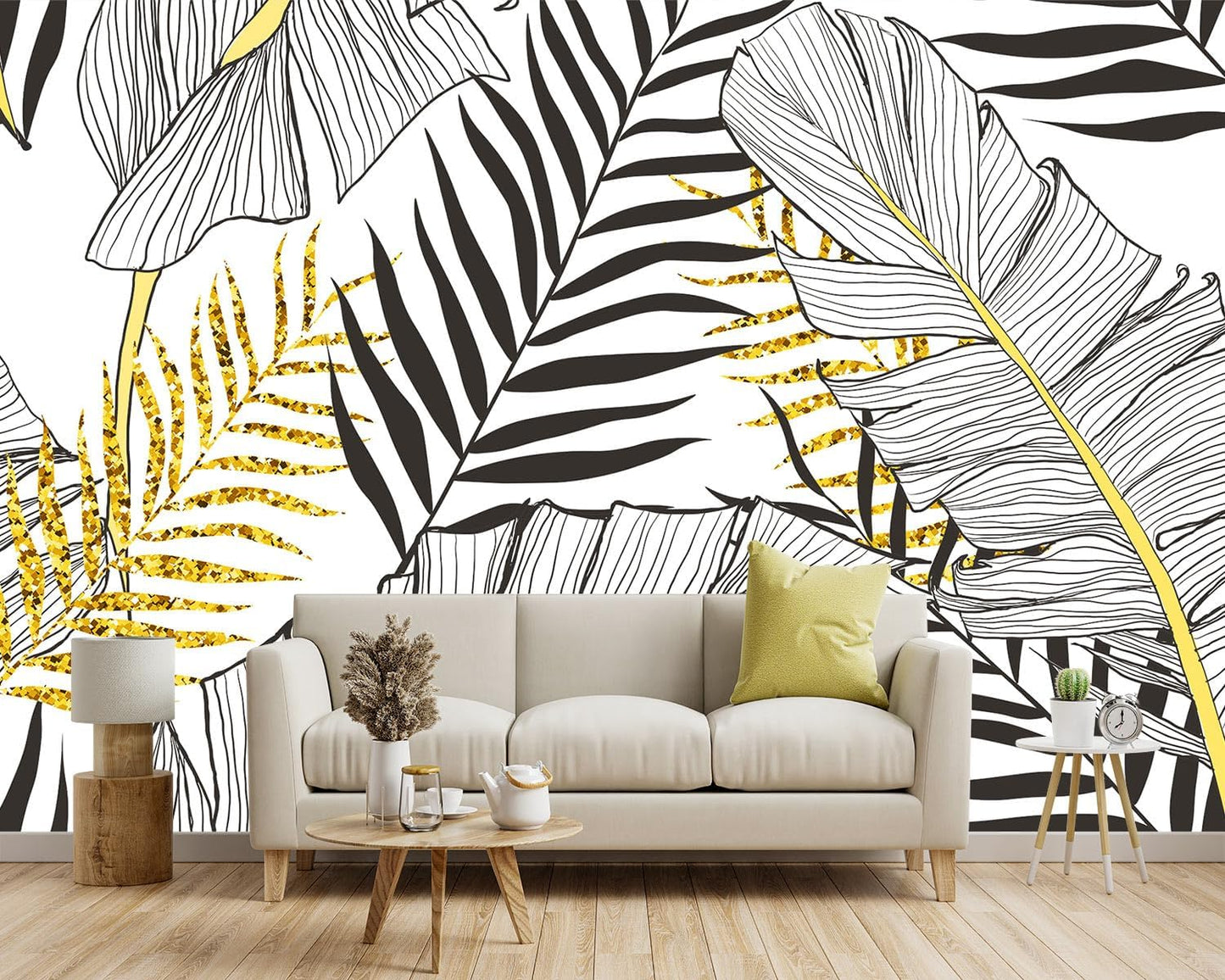 -Black and Gold Tropical Botanical Banana Leaf Fabric Wallpaper Living Room Bedroom Bathroom Abstract Plant Large Wall Mural- 137"x96"（ not Peel and Stick）