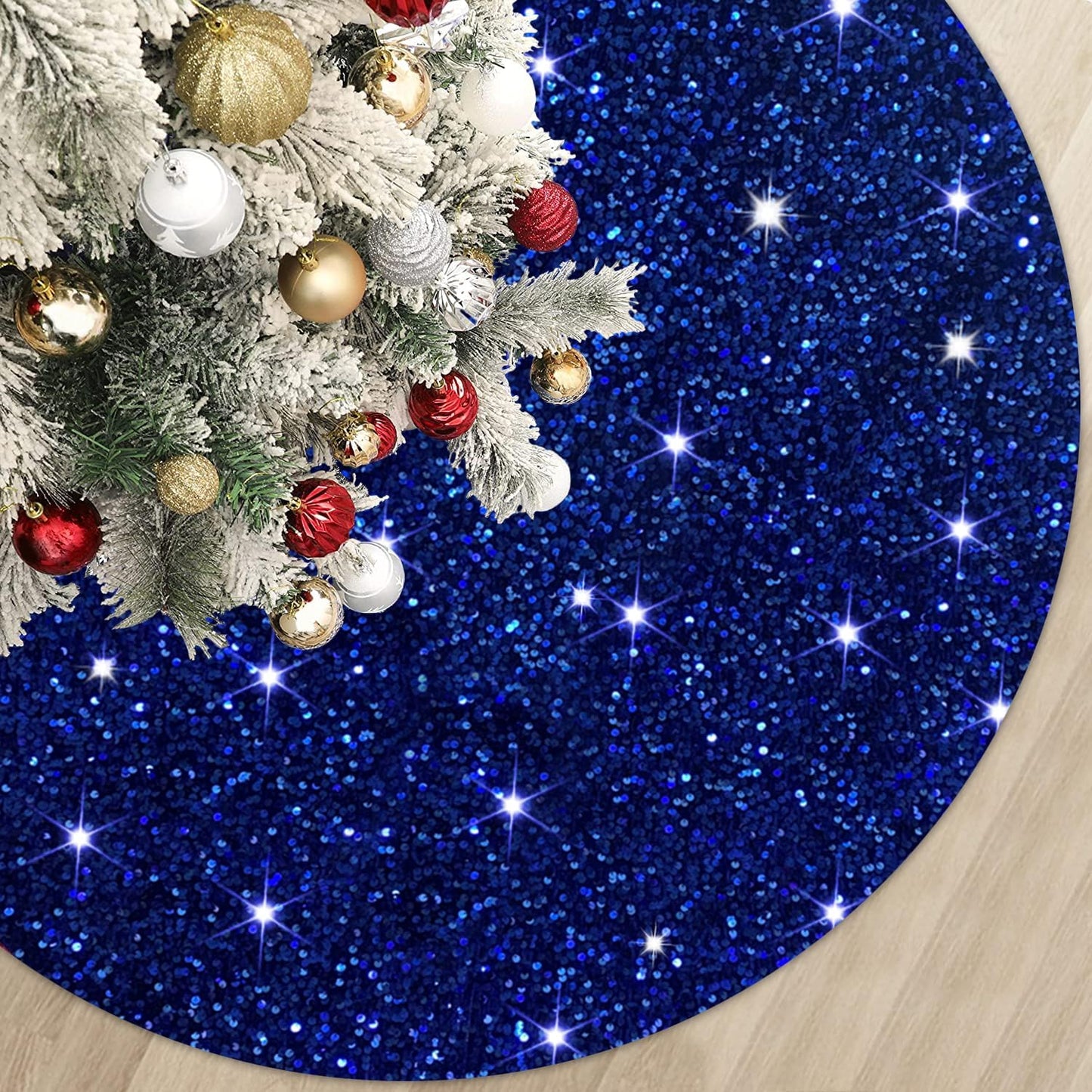 MODFUNS Blue Christmas Tree Skirt 46 Inches Sequin Xmas Tree Skirt Sparkly Tree Mat Round Velvet Tree Skirts Christmas Ornaments Halloween Tree Cover Skirt for Family Embroidery Metallic Tree Base Mat