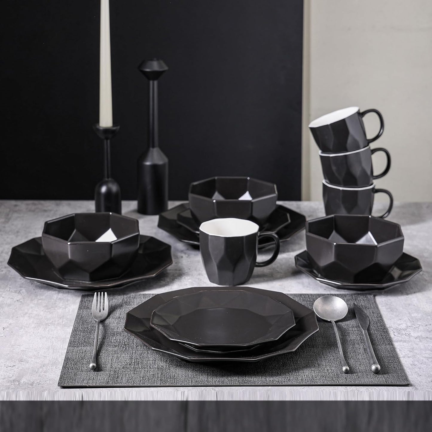 Stone + Lain Jamie Porcelain 32-Piece Geometric Dinnerware Set, Black