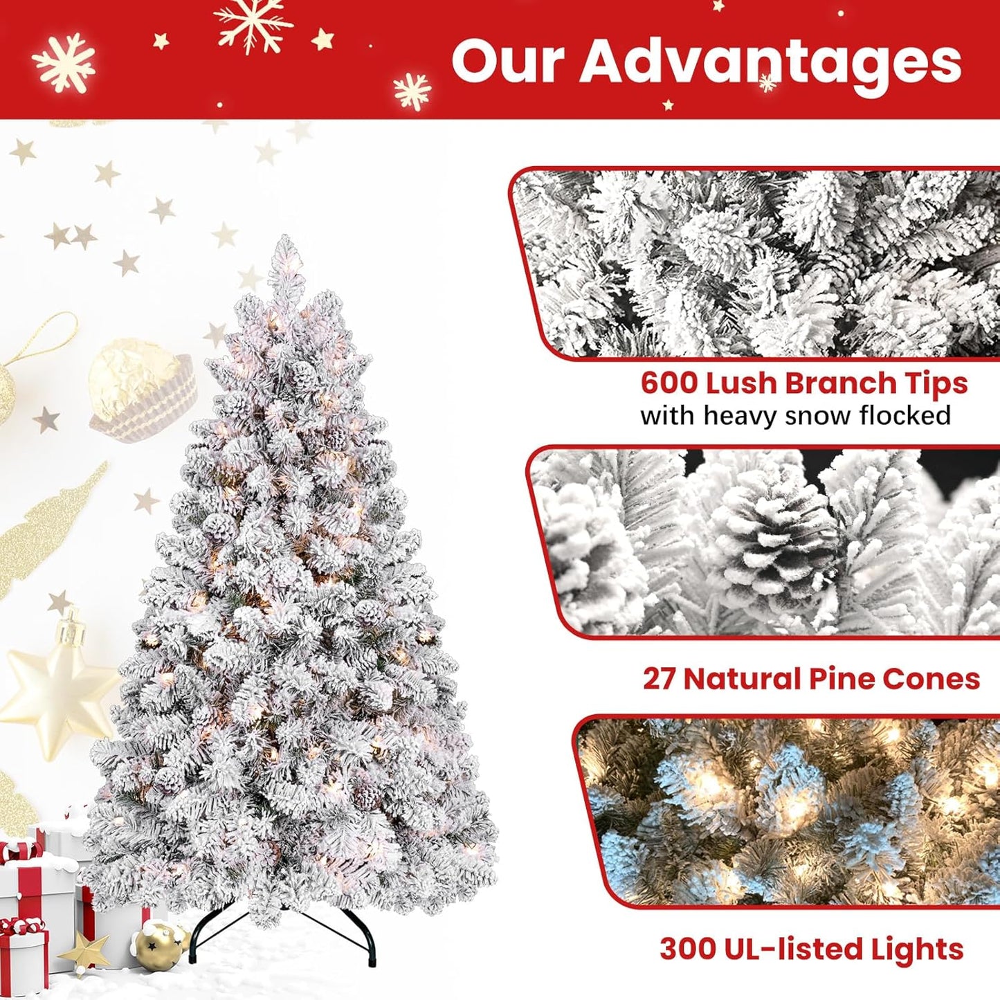 5ft Pre-lit Flocked Christmas Tree, Artificial Christmas Tree with Lights, Snow Frosted Christmas Trees Pre-lit with Pine Cones & 300 UL Lights, 600 Tips, Hinged Easy Setup Xmas Tree