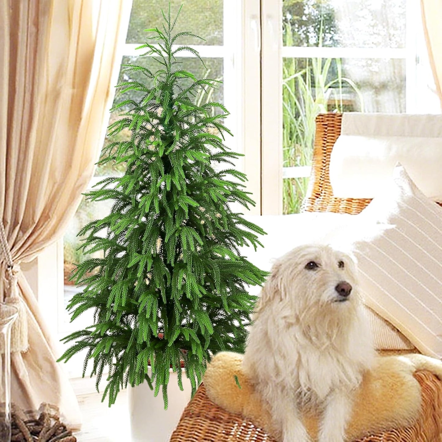 Artificial Norfolk Pine Tree, 3 ft Realistic Christmas Tree, Fake Potted Plants for Front Porch Outdoor Indoor Garden Christmas Decor