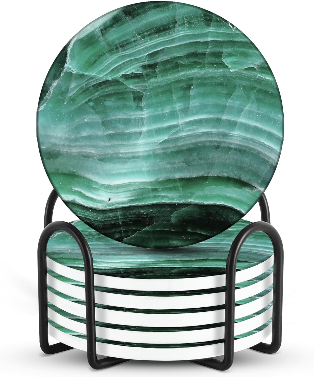 Emerson Coasters for Drinks Absorbent – Dining Table Set of 6 with Holder, 100% Ceramic Wooden Tabletop Protection Marble Style - Non-Slip & Cork Bottom - Heavy Duty (Nova)