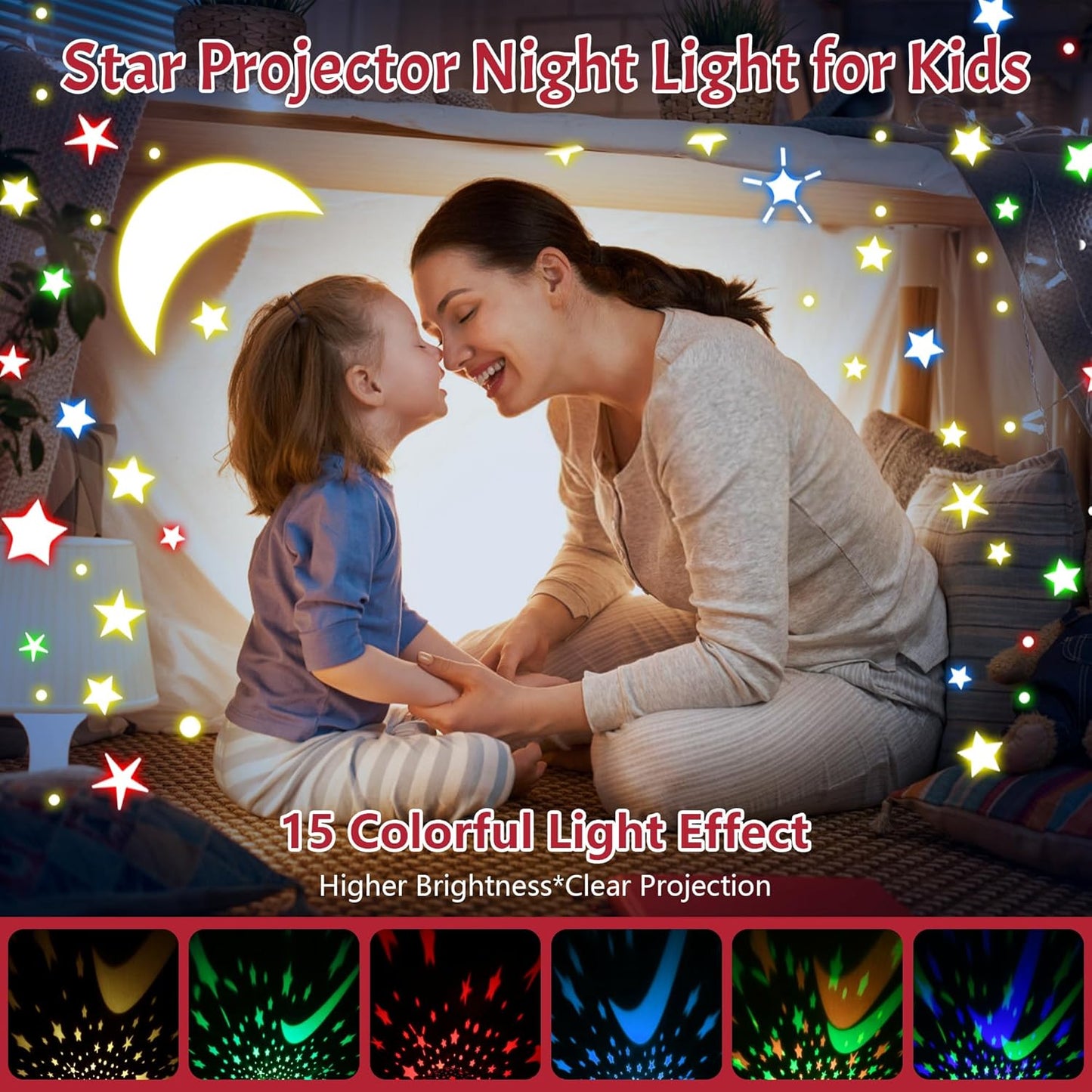 Star Projector Night Light for Kids, Baby Night Lights with Snowflake & Starry Theme, 360 Degree Rotation, 15 Mode Color Changing, Birthday Gift Toys