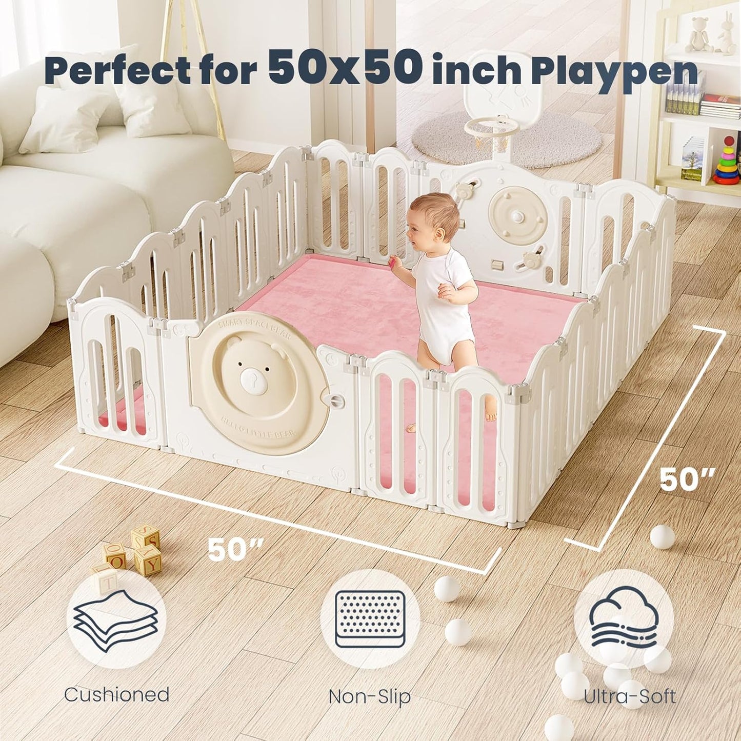 ACOMOPACK Baby Play Mat for Floor 1.3" Thick Memory Foam 50x50 Soft Velvet Playpen Mat for Kids,Infants,Toddlers,Tummy Time Crawling Mats with Non-Slip Bottom,Yoga,Tatami,Nursery Rug（Pink）