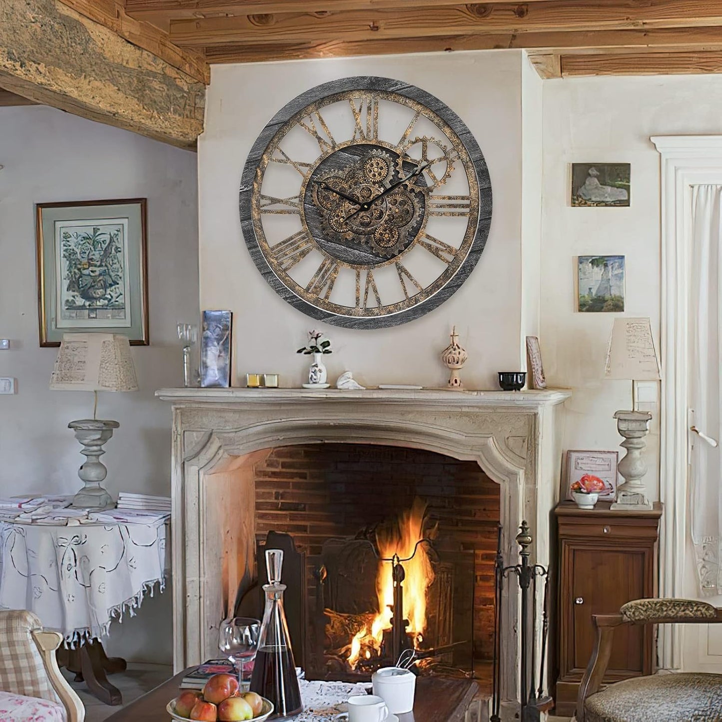 HOIBAI Large Wall Clock, Wall Clocks for Living Room Decor 20 Inch Farmhouse Vintage Rustic Kitchen Wall Decor Vintage Roman Oversized Wall Clock for Home Bedroom House Office, Moving Gears Clock