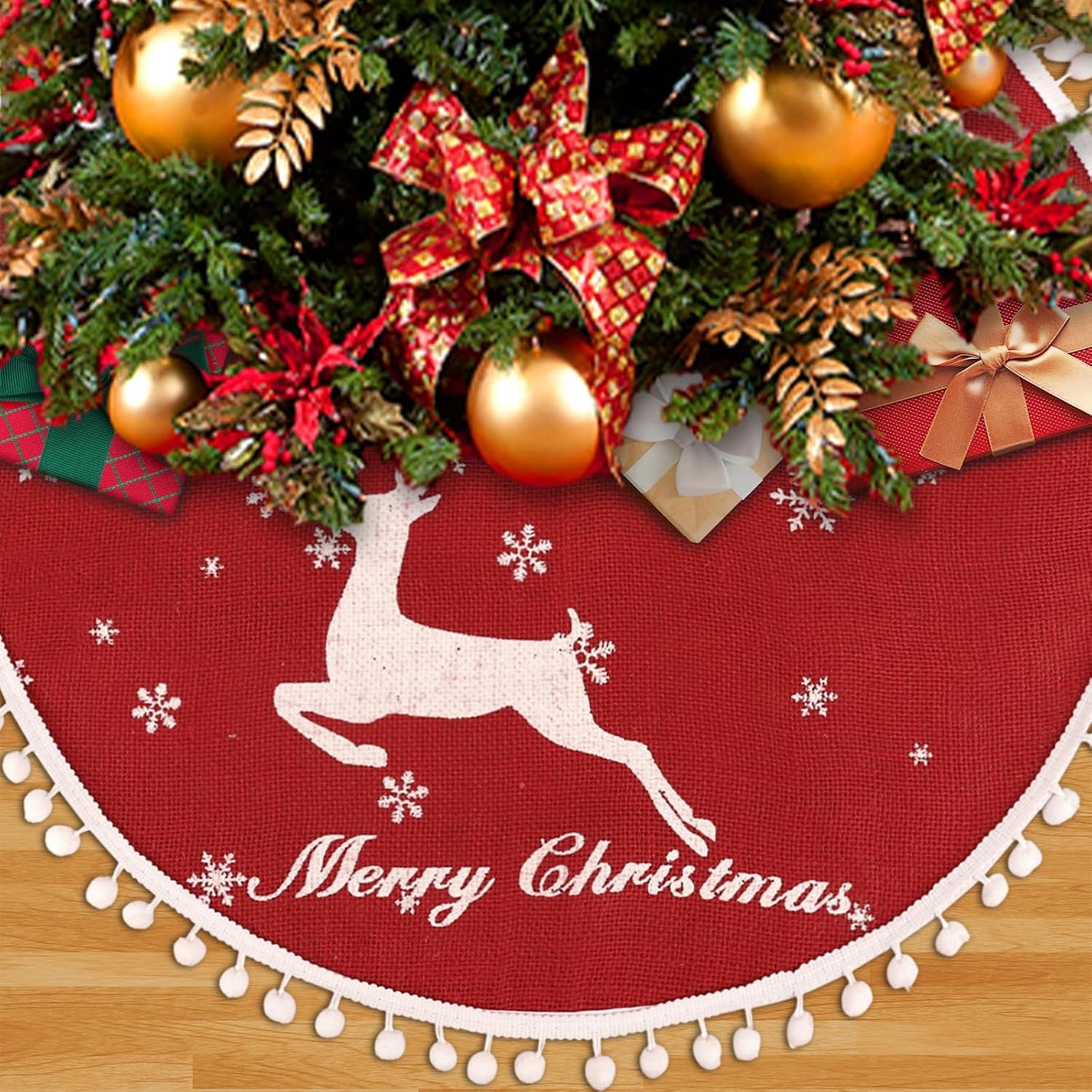 48 Inch Christmas Tree Skirt, Burlap Red Christmas Rustic Tree Skirt with Elk Deer and White Snowflake Printed for Holiday Party Xmas Tree Decoration