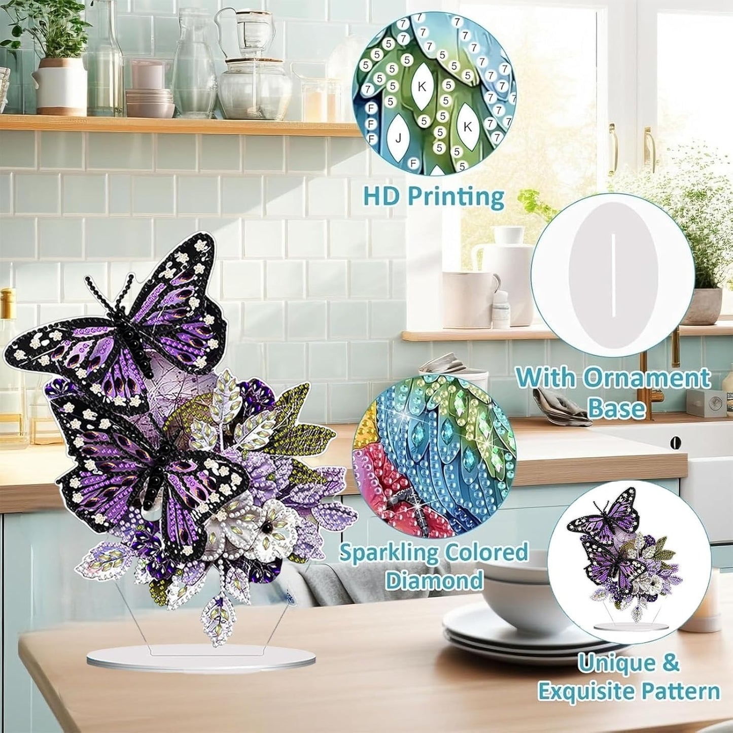 Diamond Painting Kits for Adults Beginners, 5D Full Drill Flowers and Butterfly Crystal Art Desktop Ornament, DIY Single Sided Home Office Desk Decor, Creative Craft Gift Set with Tools