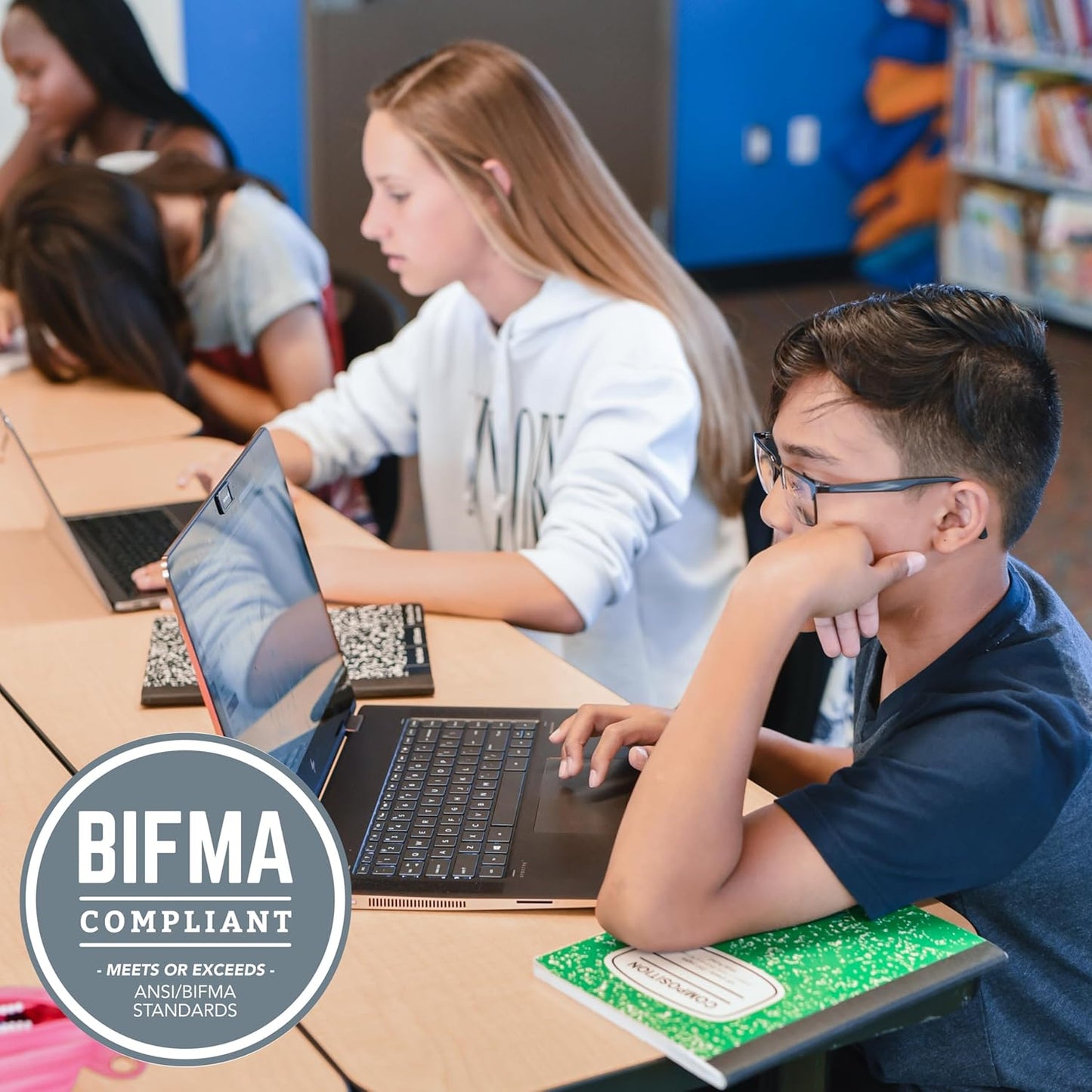 FDP Rectangle (24 x 60 inch) Classroom Table with Adjustable Chunky Toddler Legs (15-24 in); Preschool, Kinder and Daycare Furniture - Pasadena Oak Top/Navy Edge and Legs